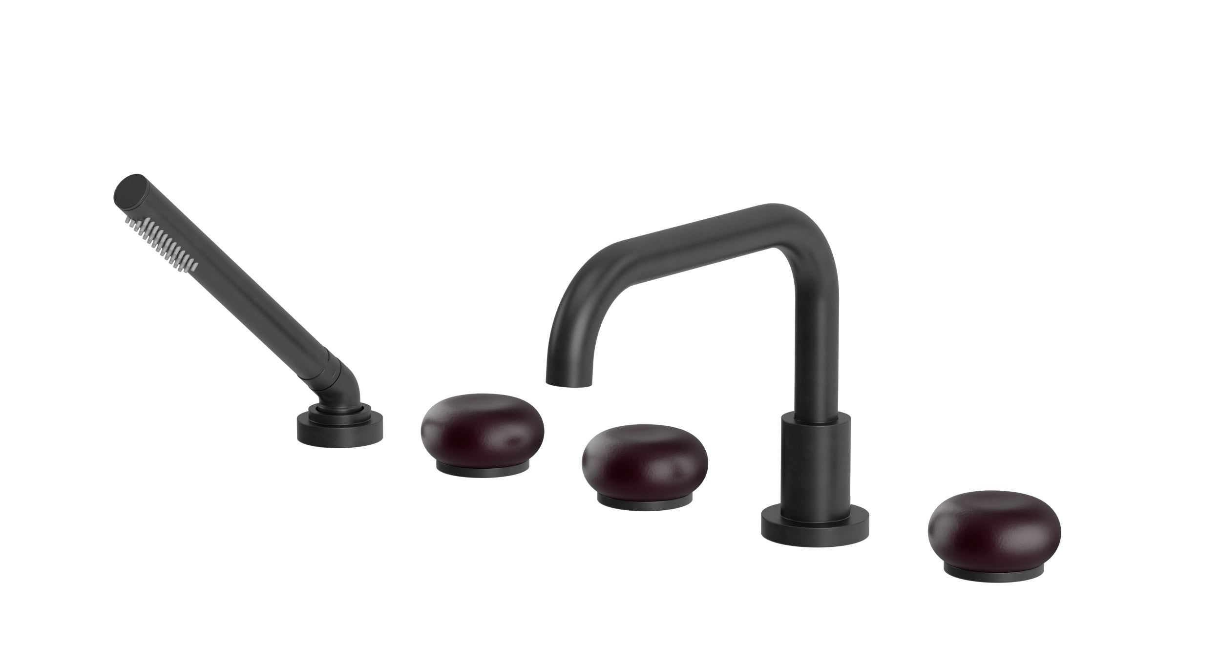 Foundry Three Handle Deck Mount Squaretop Bath Trim with Hand Shower and Pebble Ceramic Knob Handles in Oil Rubbed Bronze
