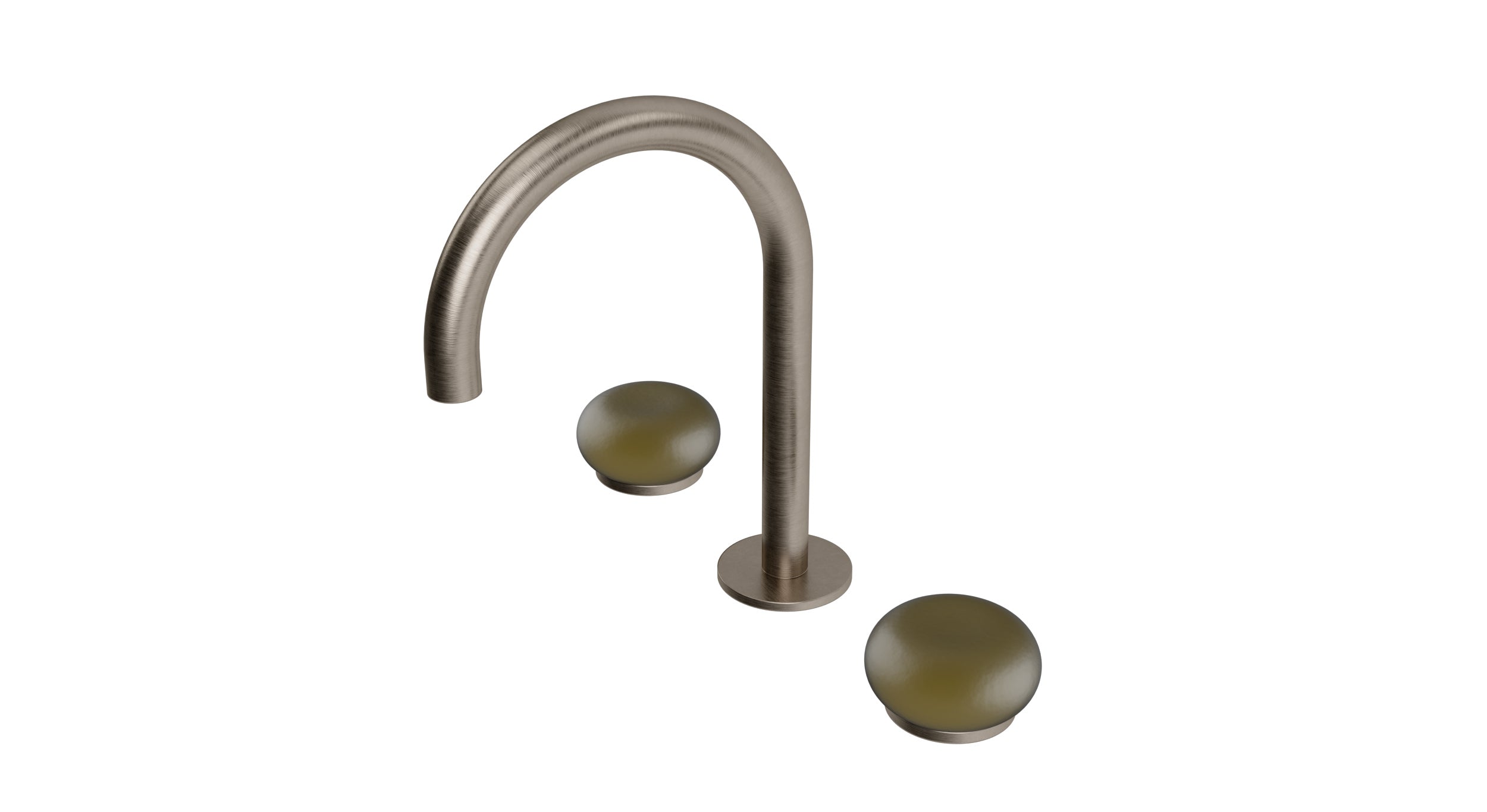 Foundry Two Handle Deck Mount Gooseneck Lavatory Faucet with Pebble Ceramic Knob Handles in Antique Nickel