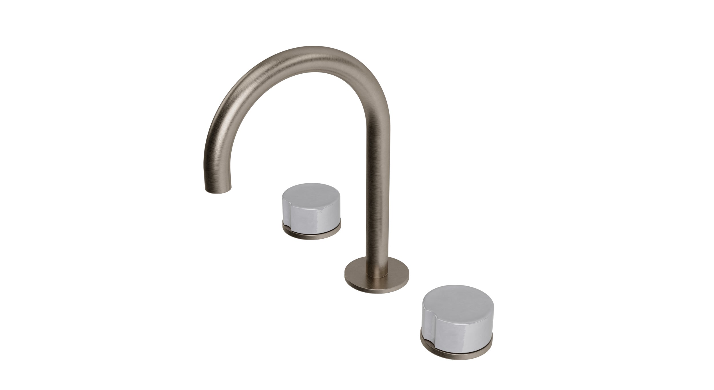 Foundry Two Handle Deck Mount Gooseneck Lavatory Faucet with Groove Ceramic Knob Handles in Antique Nickel
