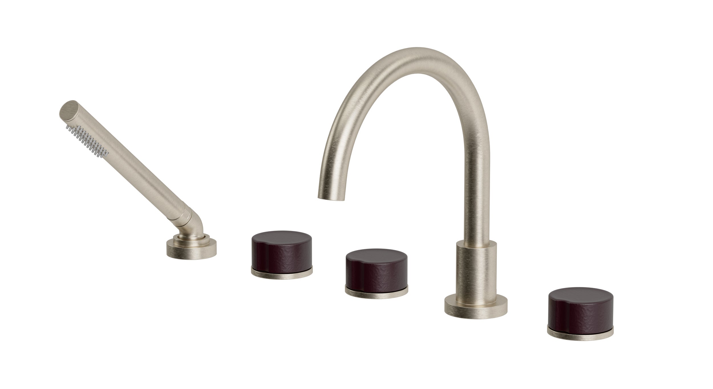 Foundry Three Handle Deck Mount Gooseneck Bath Trim with Hand Shower and Groove Ceramic Knob Handles in Satin Nickel