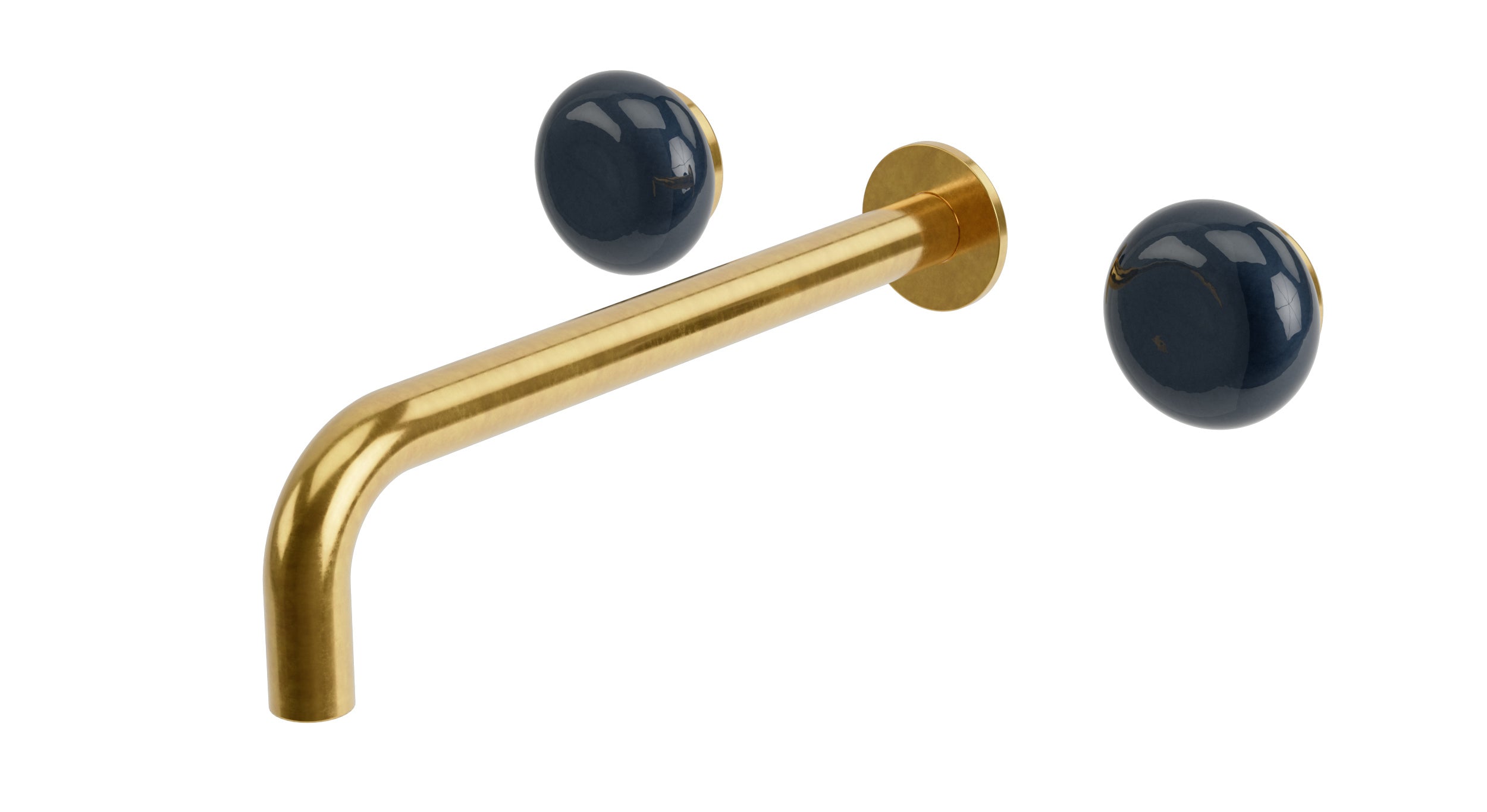 Foundry Two Handle Wall Mount 10" Lavatory Faucet with Pebble Ceramic Knob Handles in French Brass