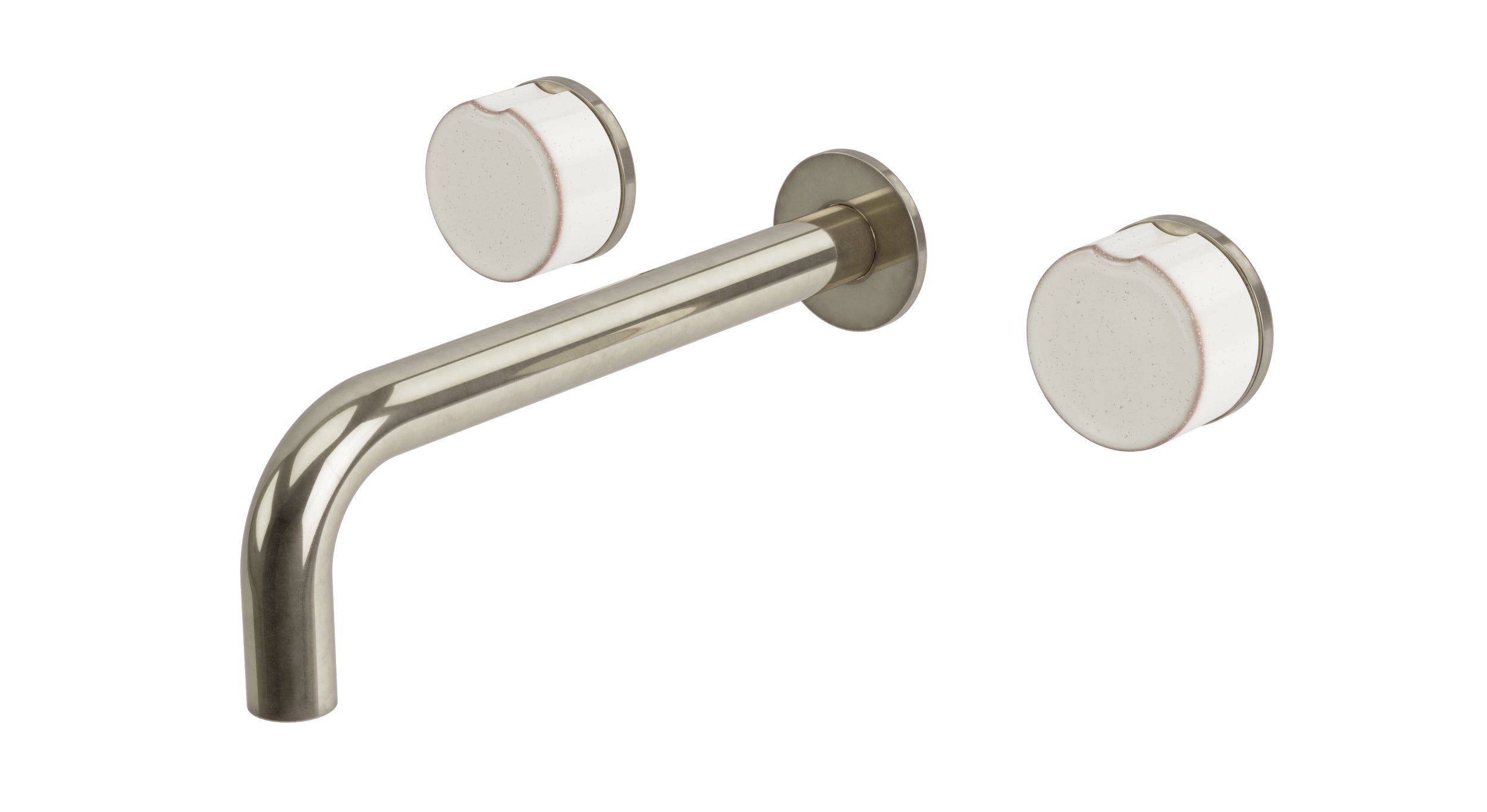 Foundry Two Handle Wall Mount 7.5" Lavatory Faucet with Groove Ceramic Knob Handles in French Nickel