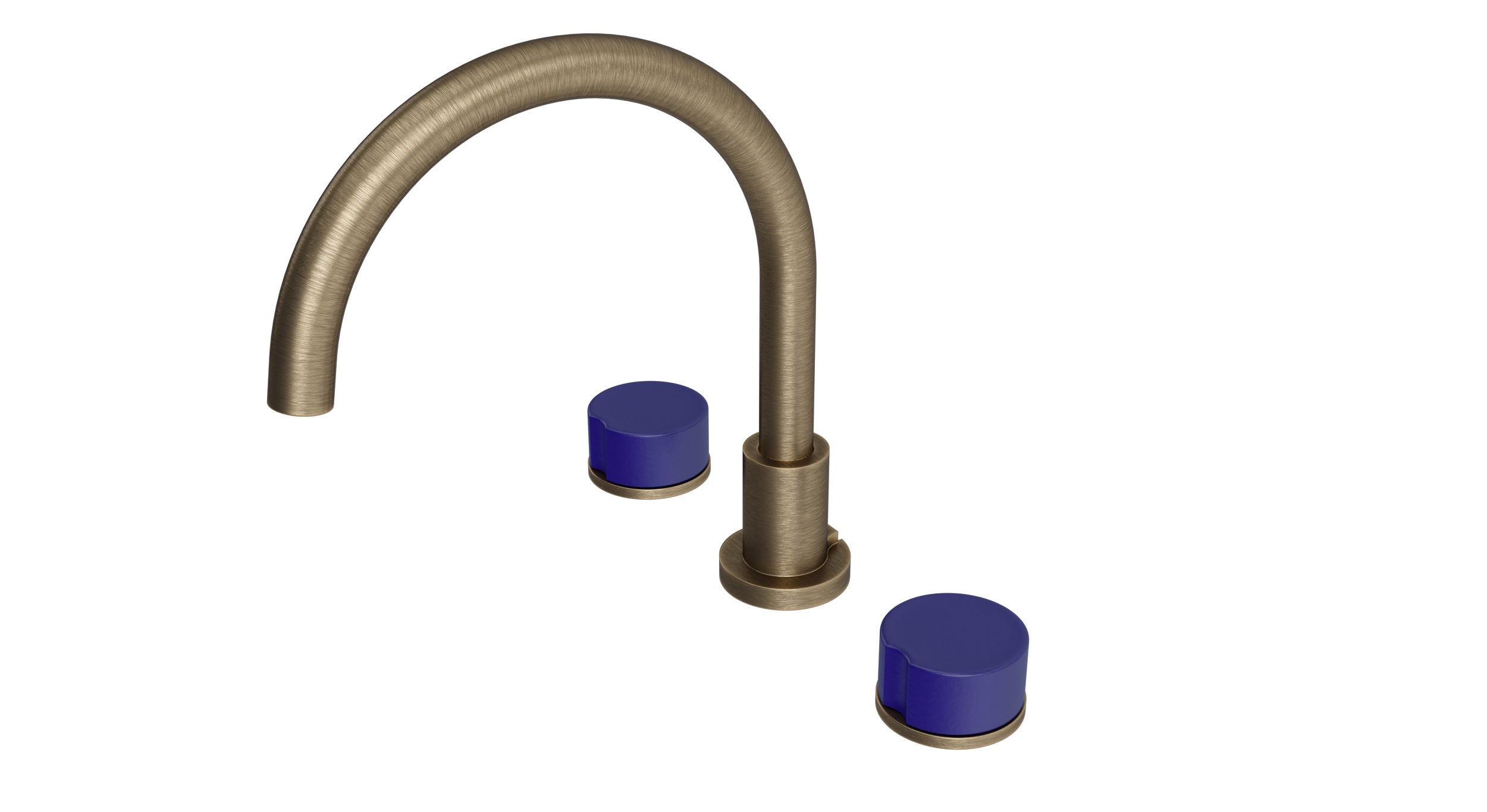 Foundry Two Handle Deck Mount Gooseneck Bath Trim with Groove Ceramic Knob Handles in Antique Brass