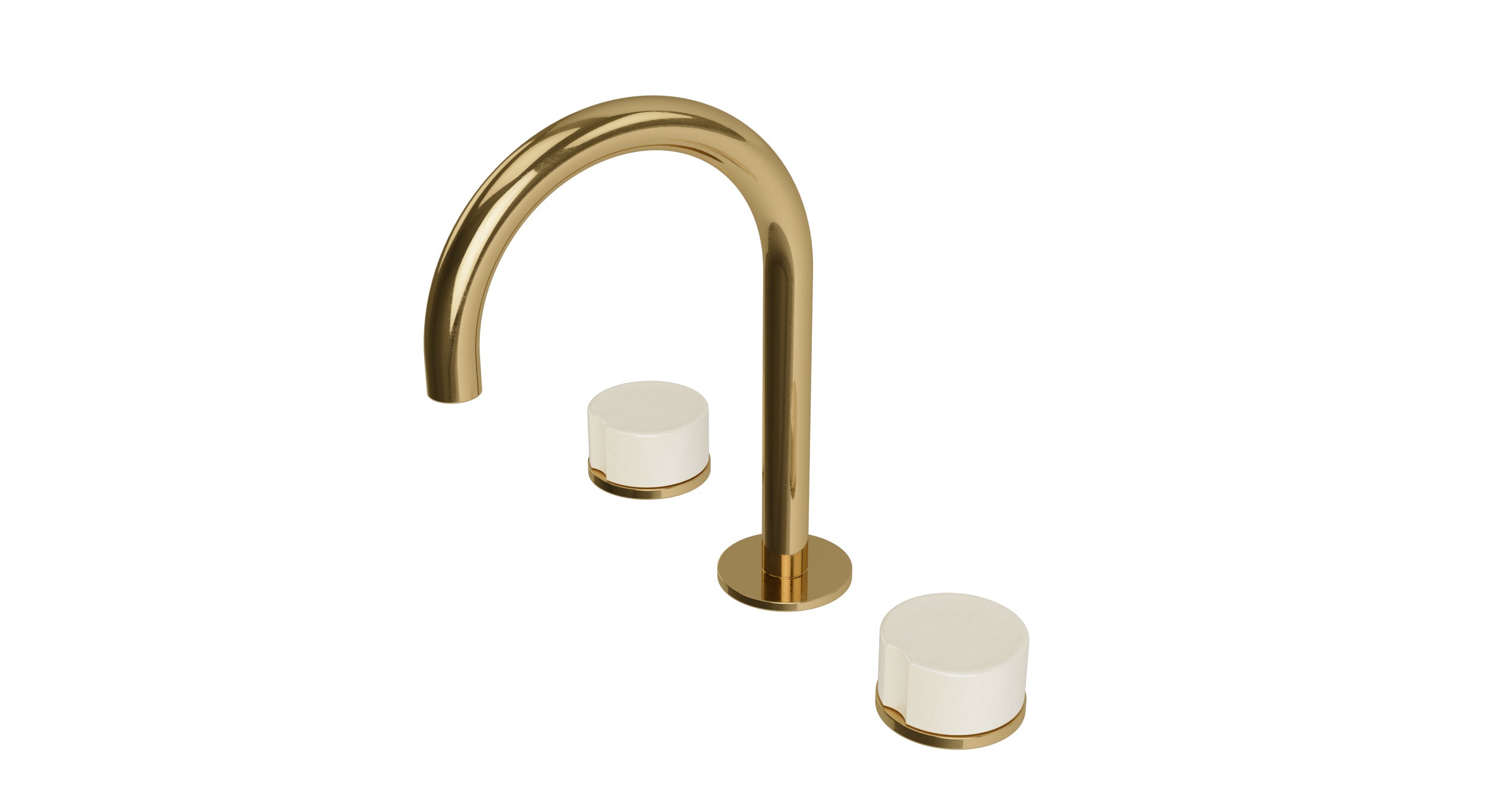 Foundry Two Handle Deck Mount Gooseneck Lavatory Faucet with Groove Ceramic Knob Handles in Uncoated Polished Brass