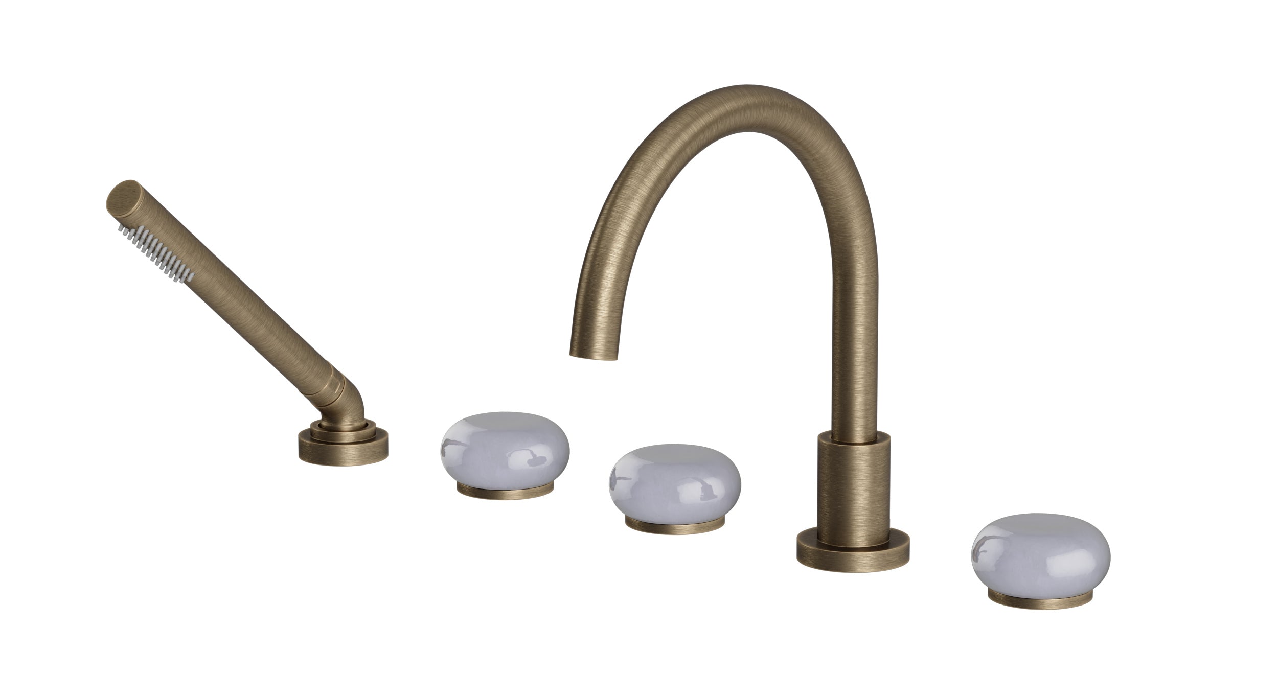 Foundry Three Handle Deck Mount Gooseneck Bath Trim with Hand Shower and Pebble Ceramic Knob Handles in Antique Brass