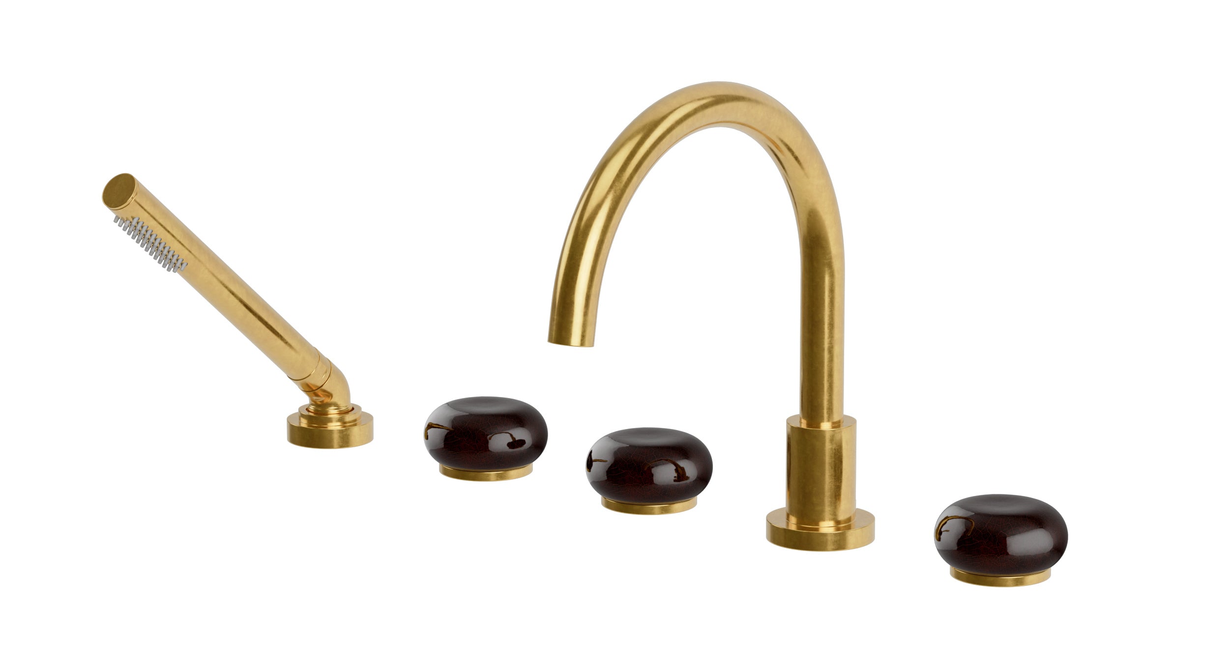 Foundry Three Handle Deck Mount Gooseneck Bath Trim with Hand Shower and Pebble Ceramic Knob Handles in French Brass