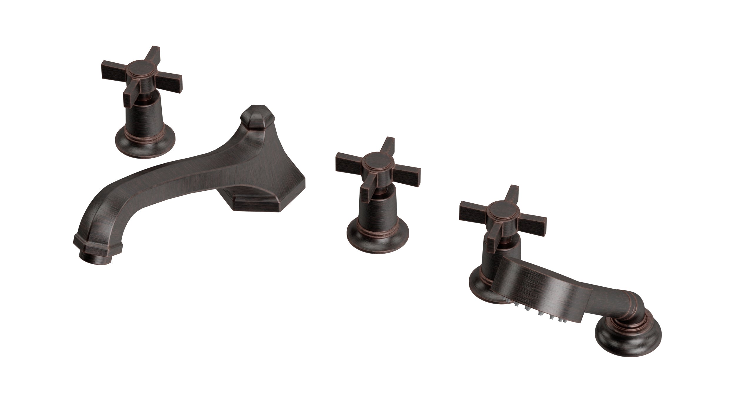 Emerson Three Handle Deck Mount Low Hexagon Bath Trim with Hand Shower and Defined Cross Handles in Antique Bronze
