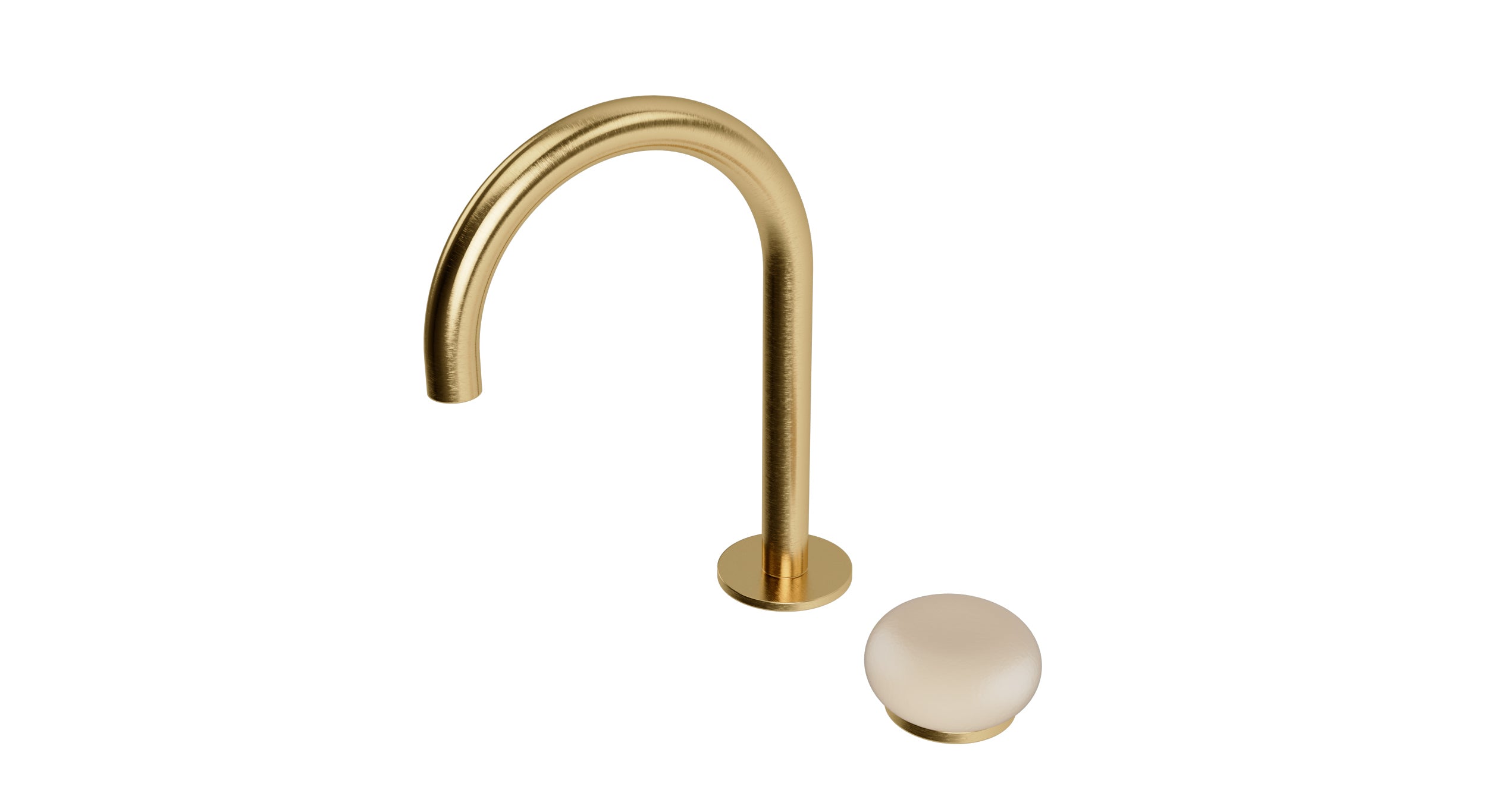 Foundry One Handle Deck Mount Gooseneck Lavatory Faucet with Pebble Ceramic Knob Handle in Satin Brass