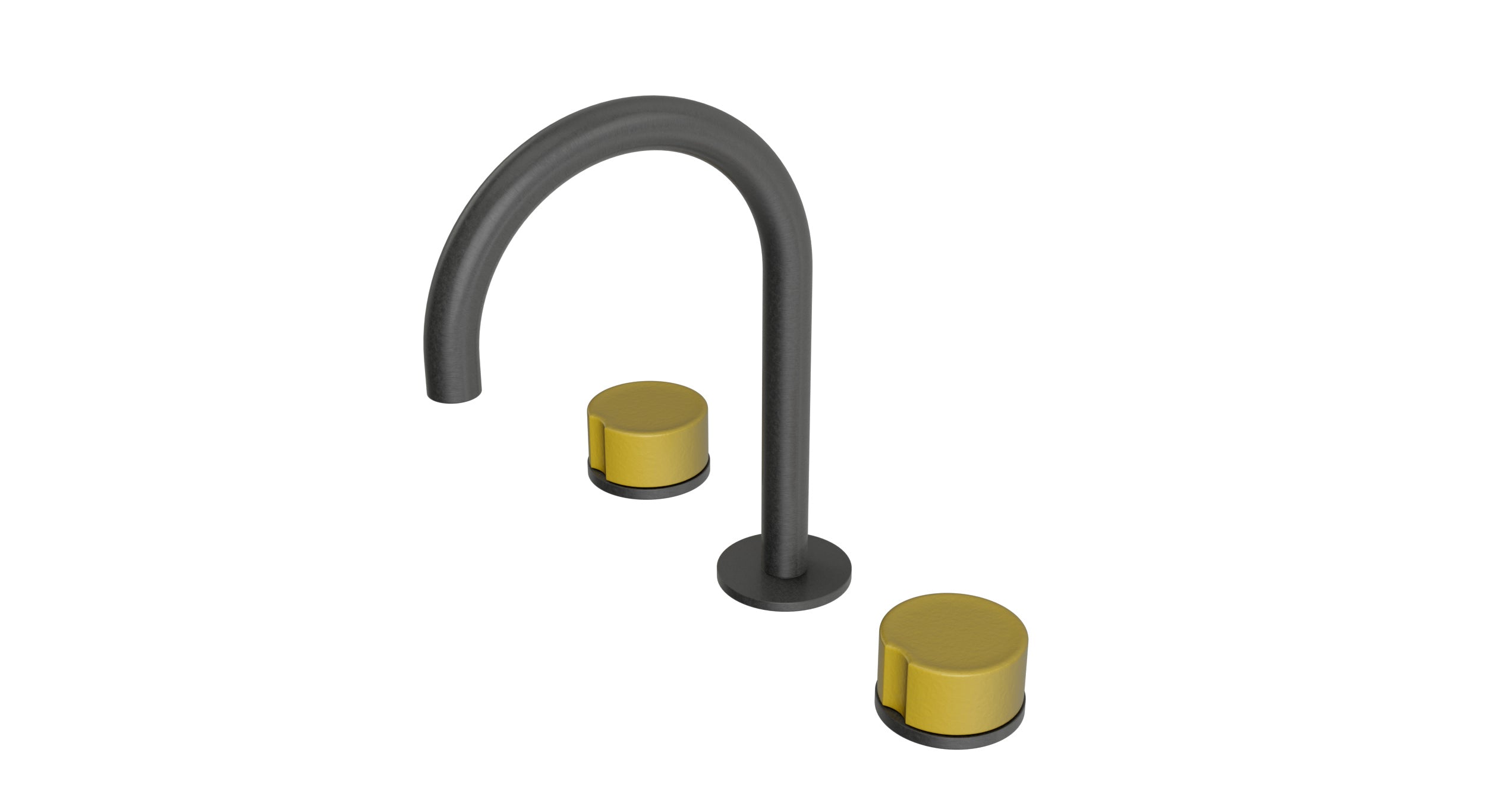 Foundry Two Handle Deck Mount Gooseneck Lavatory Faucet with Groove Ceramic Knob Handles in Blackened Nickel