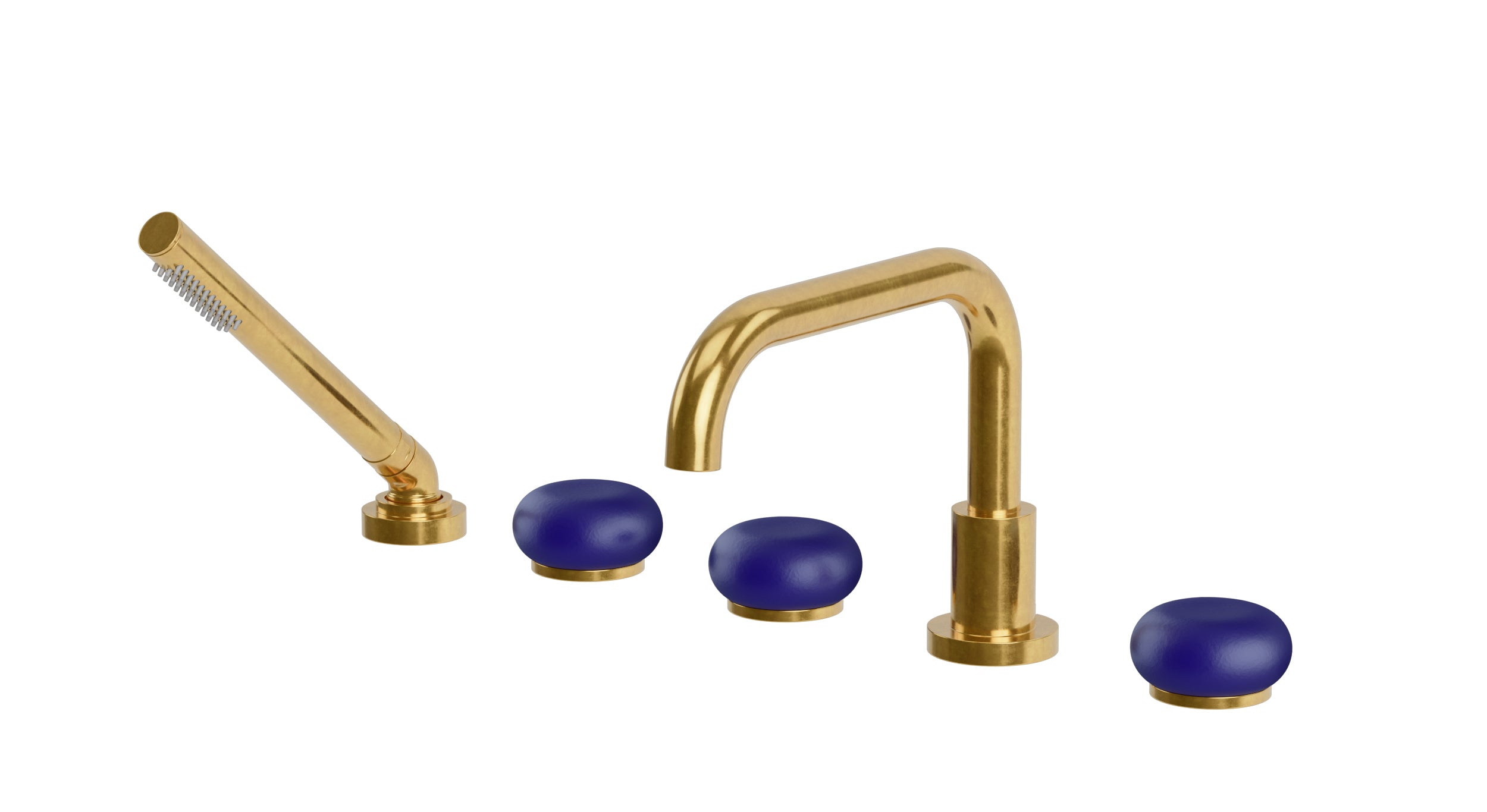 Foundry Three Handle Deck Mount Squaretop Bath Trim with Hand Shower and Pebble Ceramic Knob Handles in French Brass