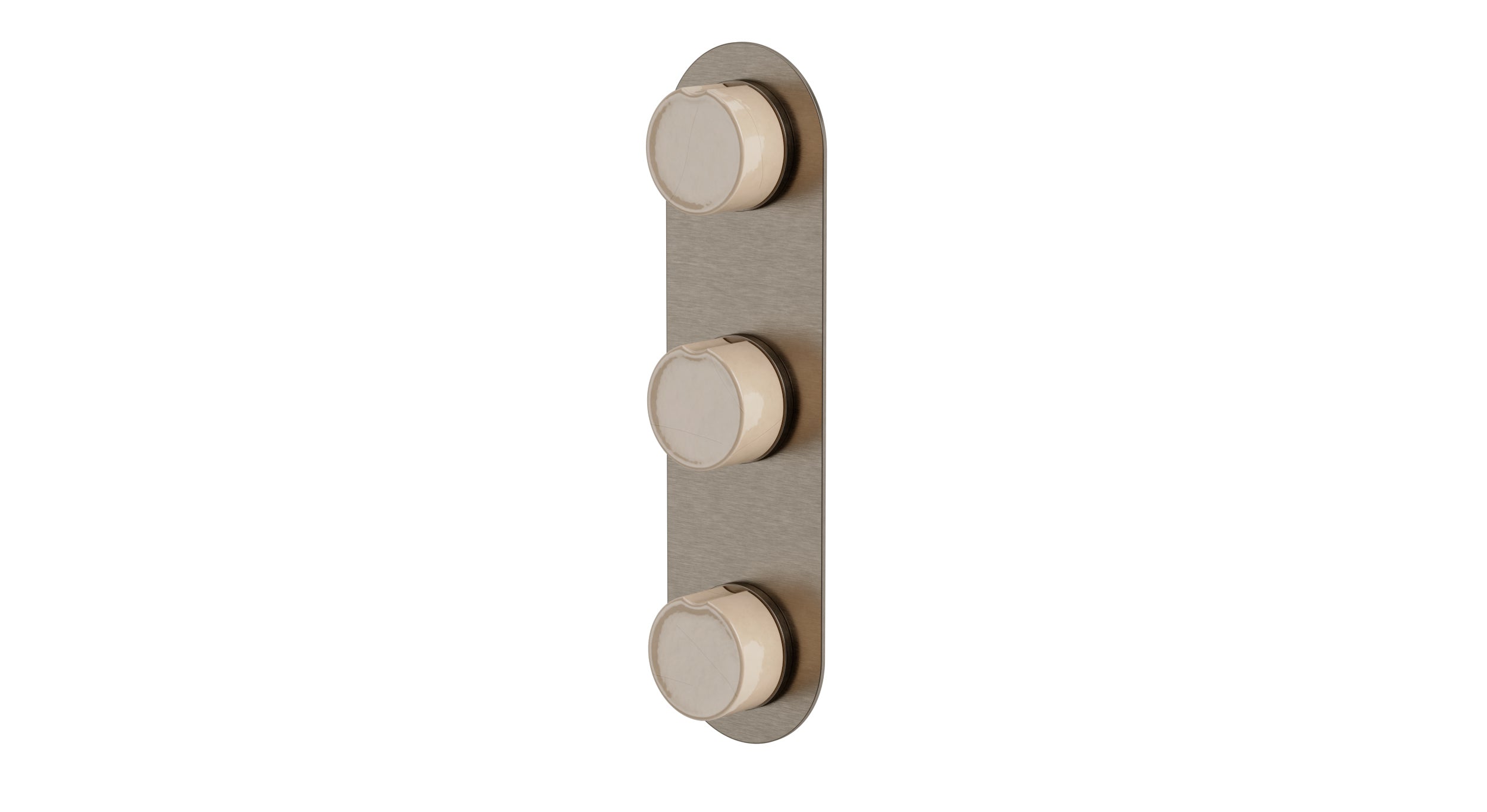 Foundry Three Handle Wall Mount Shower Trim with Groove Ceramic Knob Handles in Antique Nickel