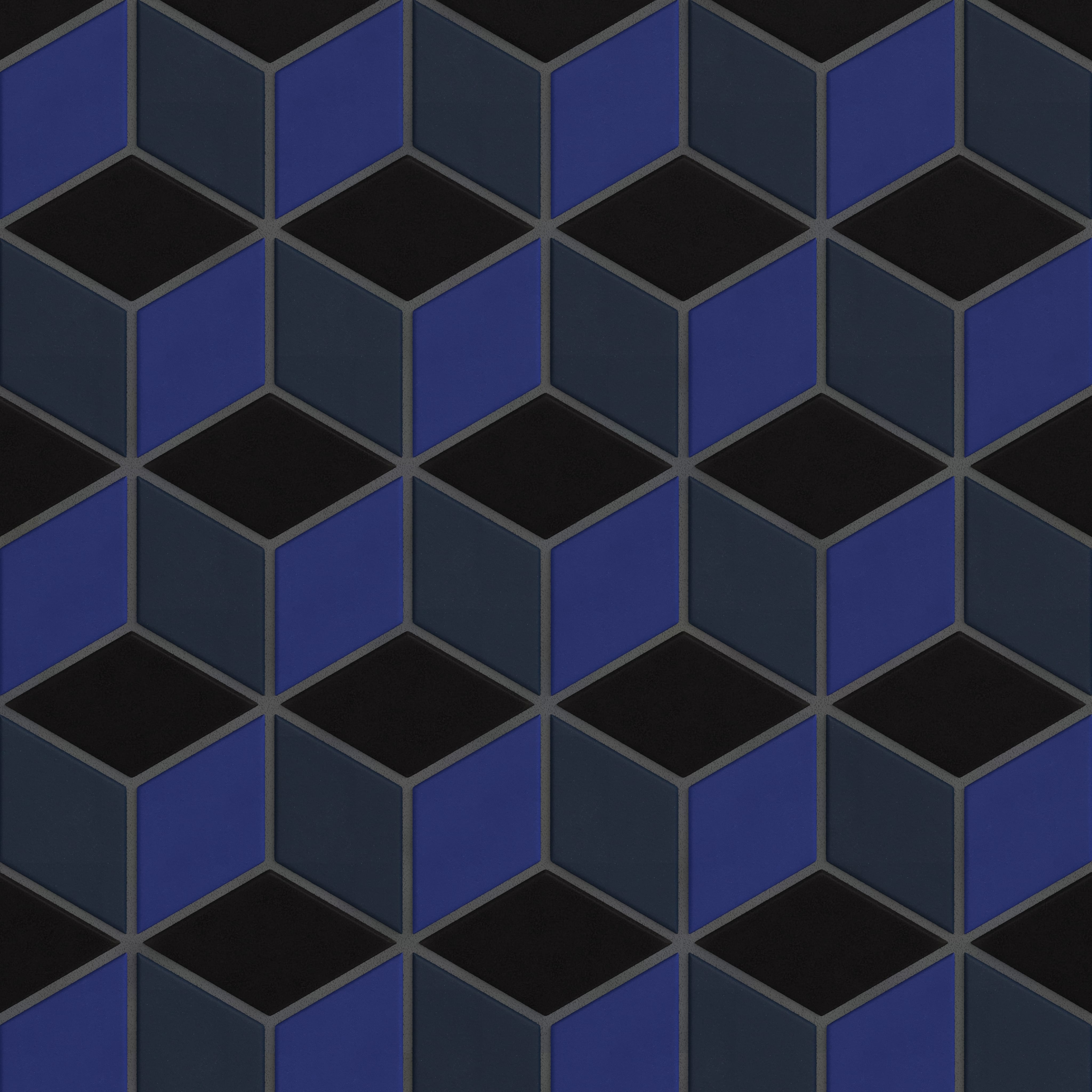 Small Diamond Escher Sheeted Original Ceramic Tile in Raven Matte, Navy Blue Matte & Azul Matte