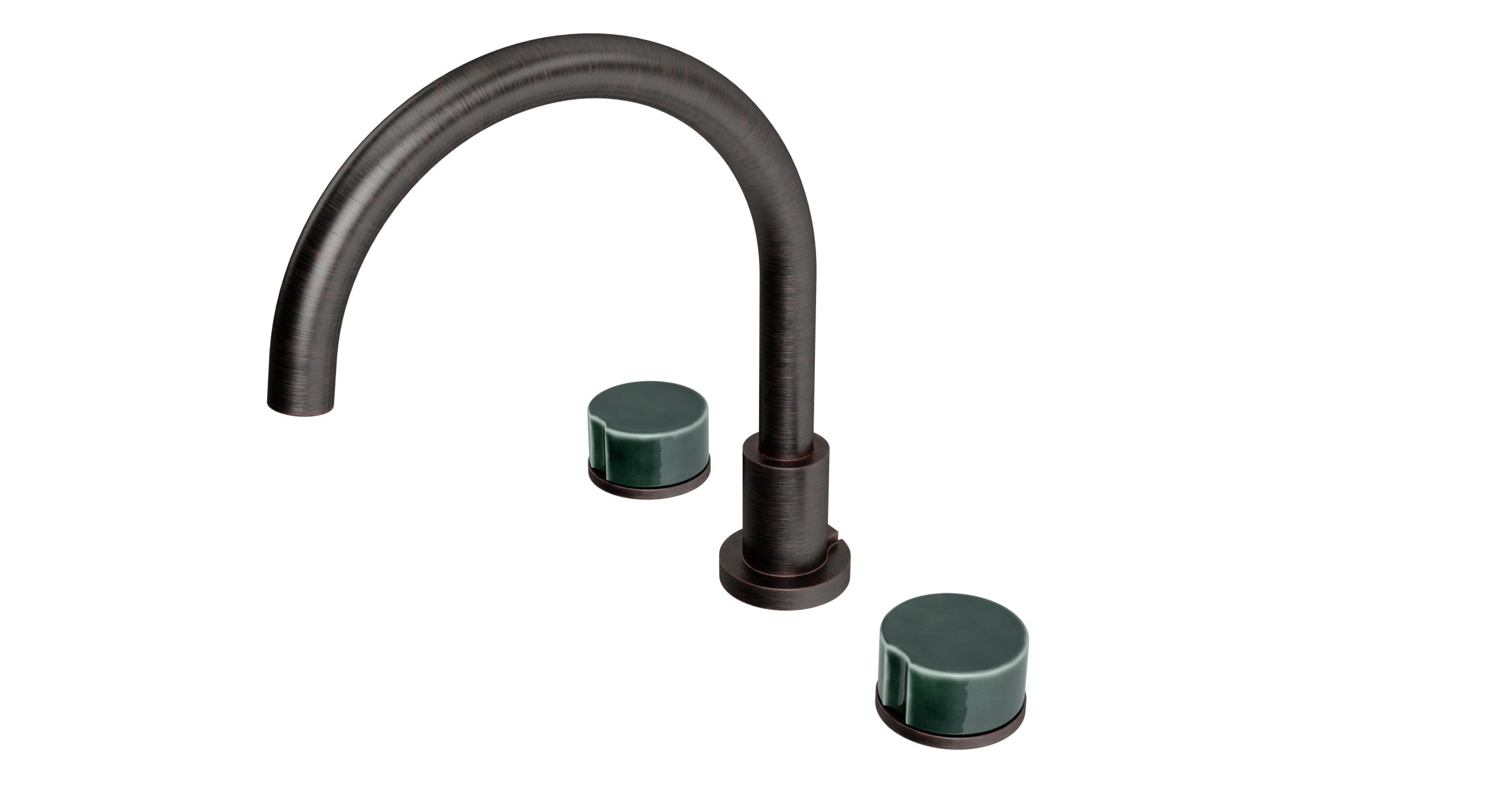 Foundry Two Handle Deck Mount Gooseneck Bath Trim with Groove Ceramic Knob Handles in Antique Bronze