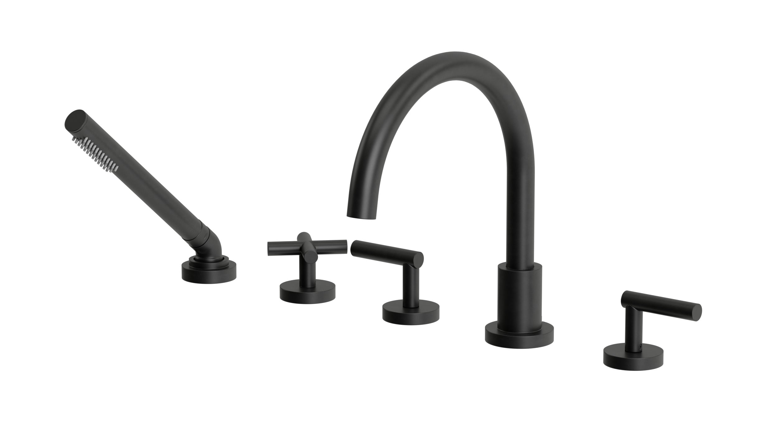 Contour Three Handle Deck Mount Gooseneck Bath Trim with Hand Shower and Soft Cross/Soft Lever Handles in Oil Rubbed Bronze