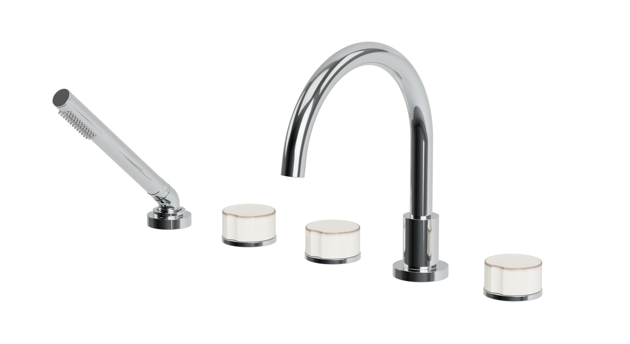 Foundry Three Handle Deck Mount Gooseneck Bath Trim with Hand Shower and Groove Ceramic Knob Handles in Polished Chrome