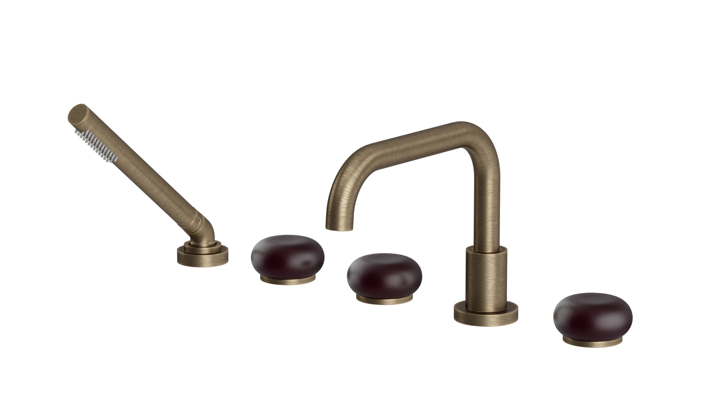 Foundry Three Handle Deck Mount Squaretop Bath Trim with Hand Shower and Pebble Ceramic Knob Handles in Antique Brass
