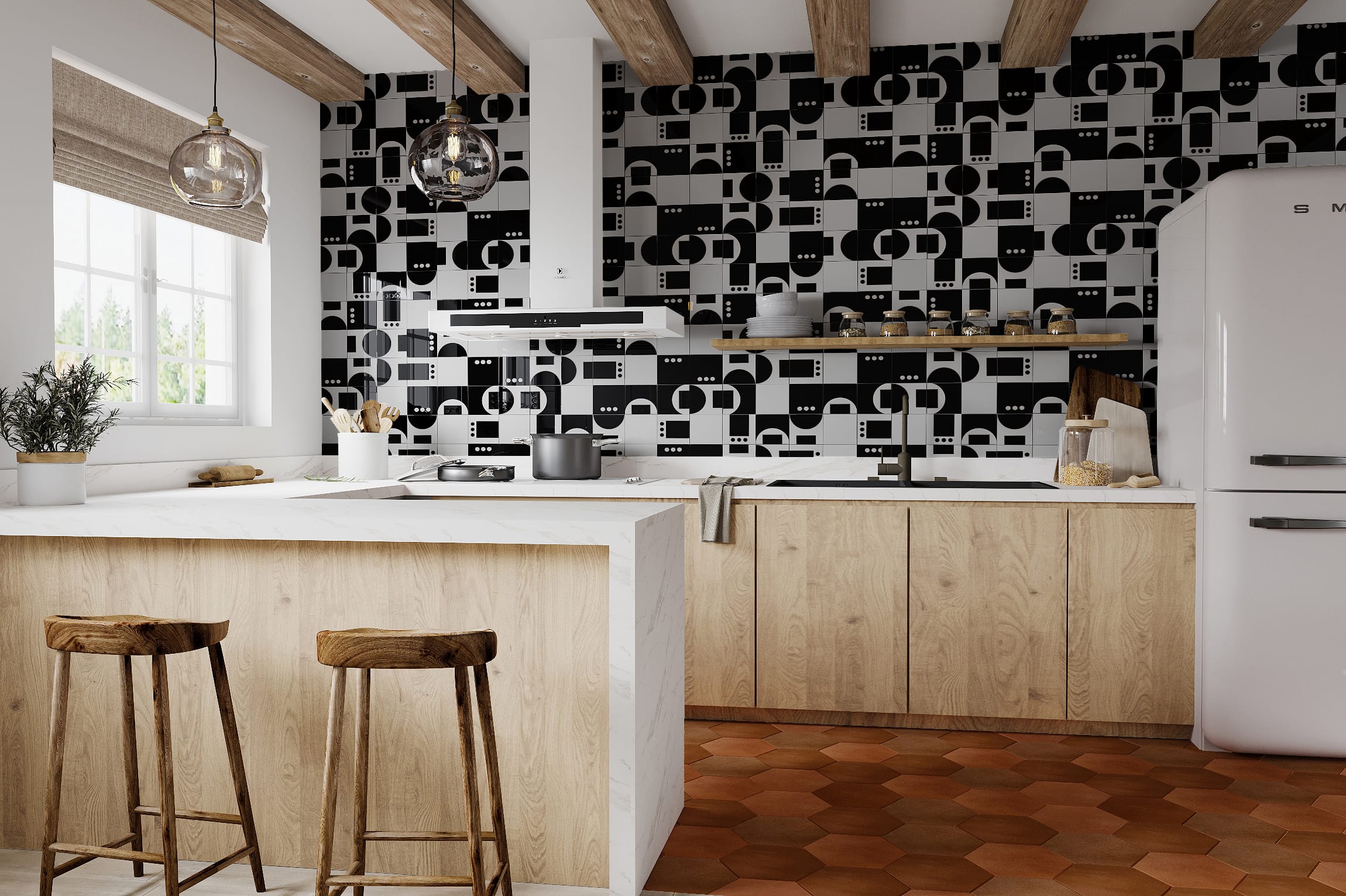 6x6 Handpainted Tile Dot Dash 3 in Charcoal