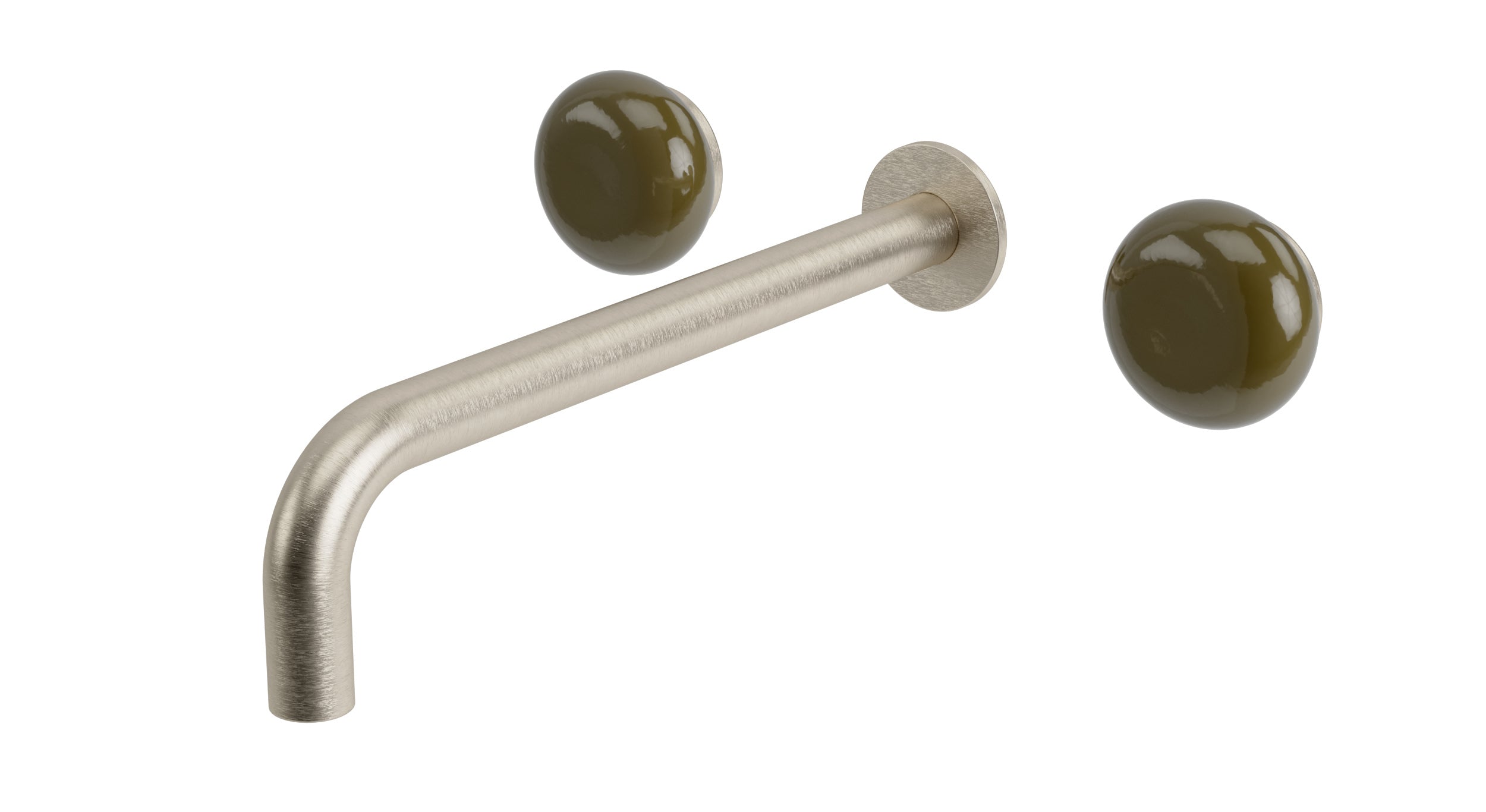 Foundry Two Handle Wall Mount 10" Lavatory Faucet with Pebble Ceramic Knob Handles in Satin Nickel