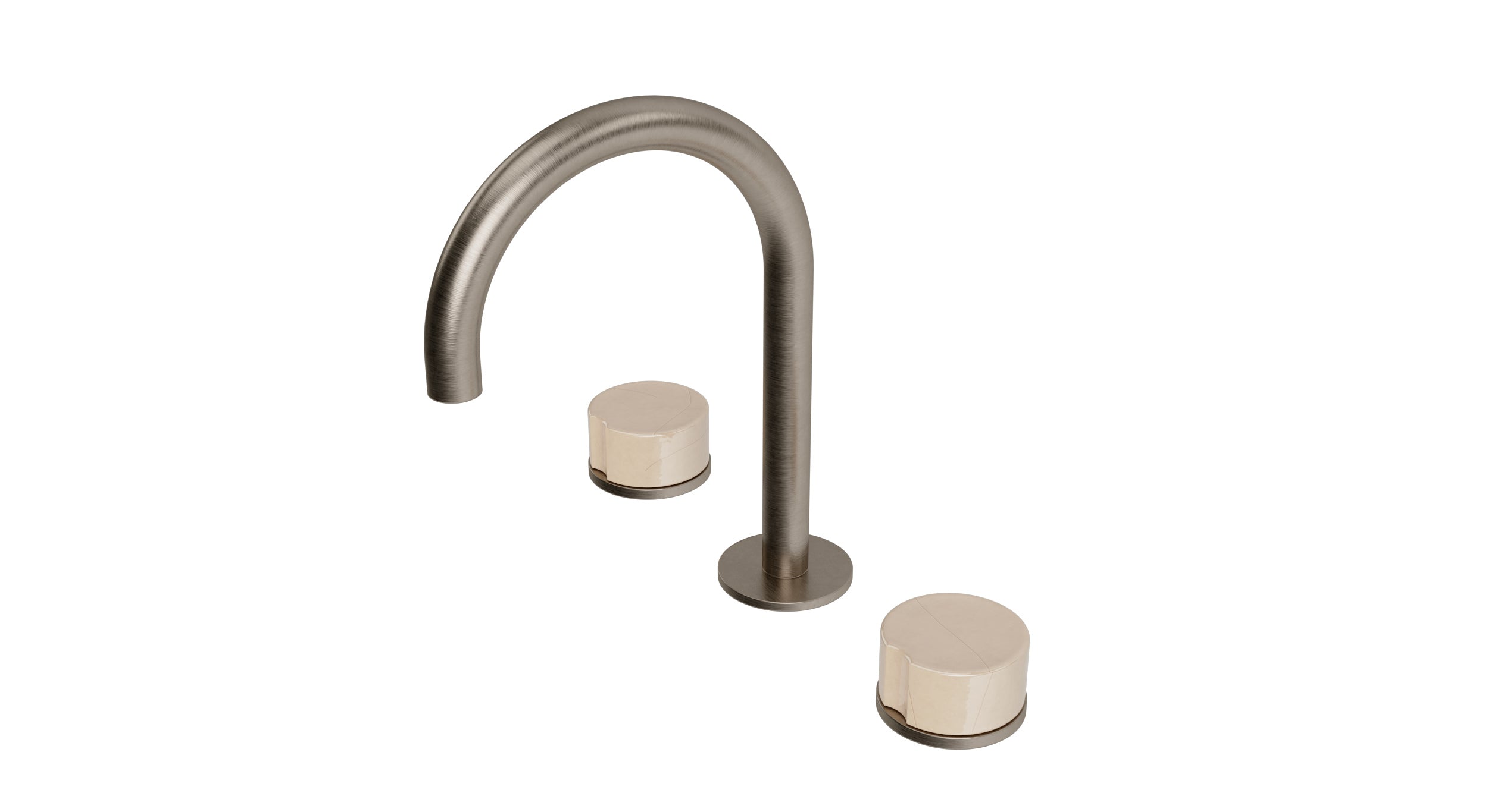 Foundry Two Handle Deck Mount Gooseneck Lavatory Faucet with Groove Ceramic Knob Handles in Antique Nickel