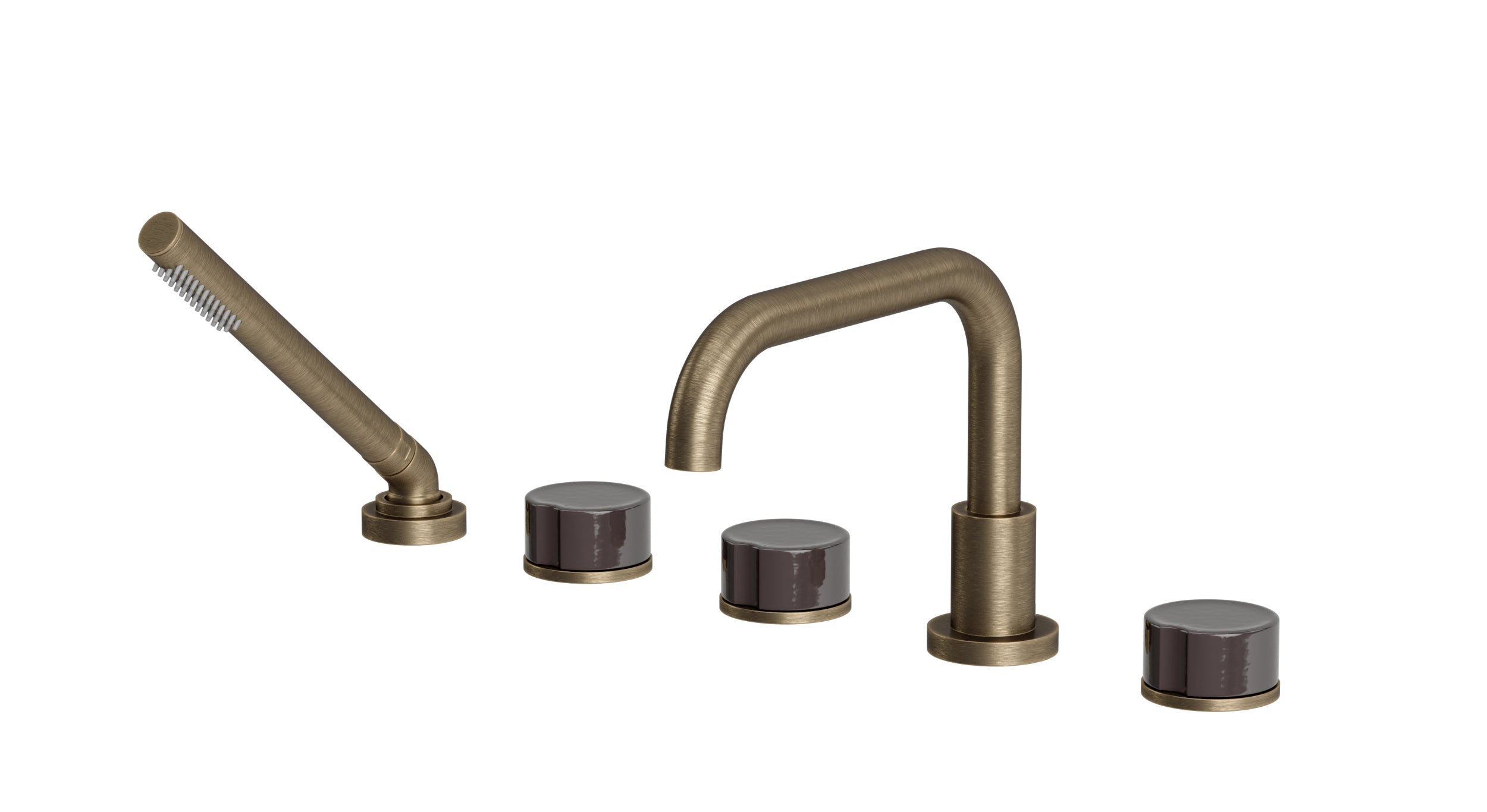 Foundry Three Handle Deck Mount Squaretop Bath Trim with Hand Shower and Groove Ceramic Knob Handles in Antique Brass