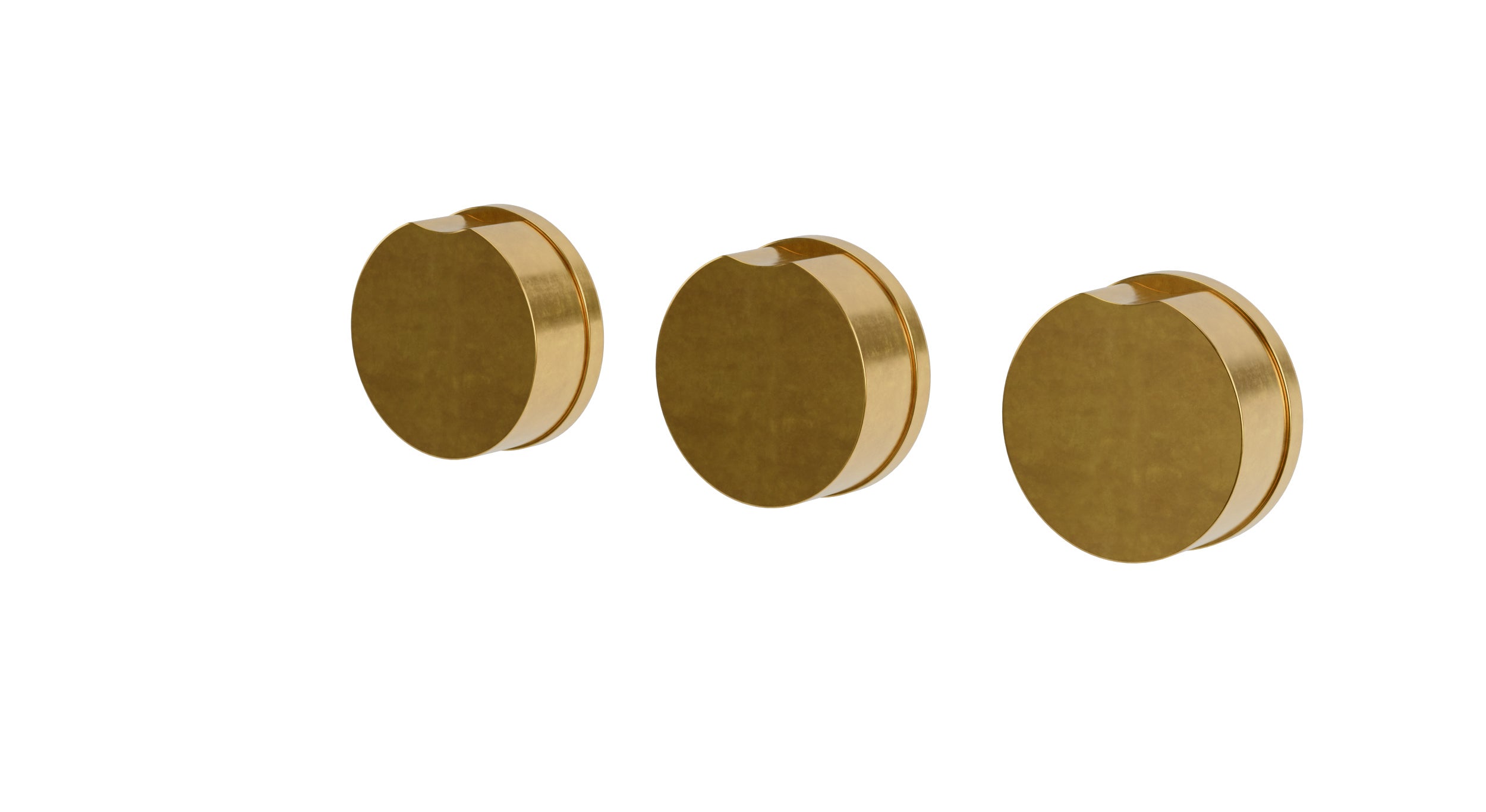 Foundry Three Handle Wall Mount Bath Trim with Diverter/Volume Control and Circle Knob Handles in French Brass
