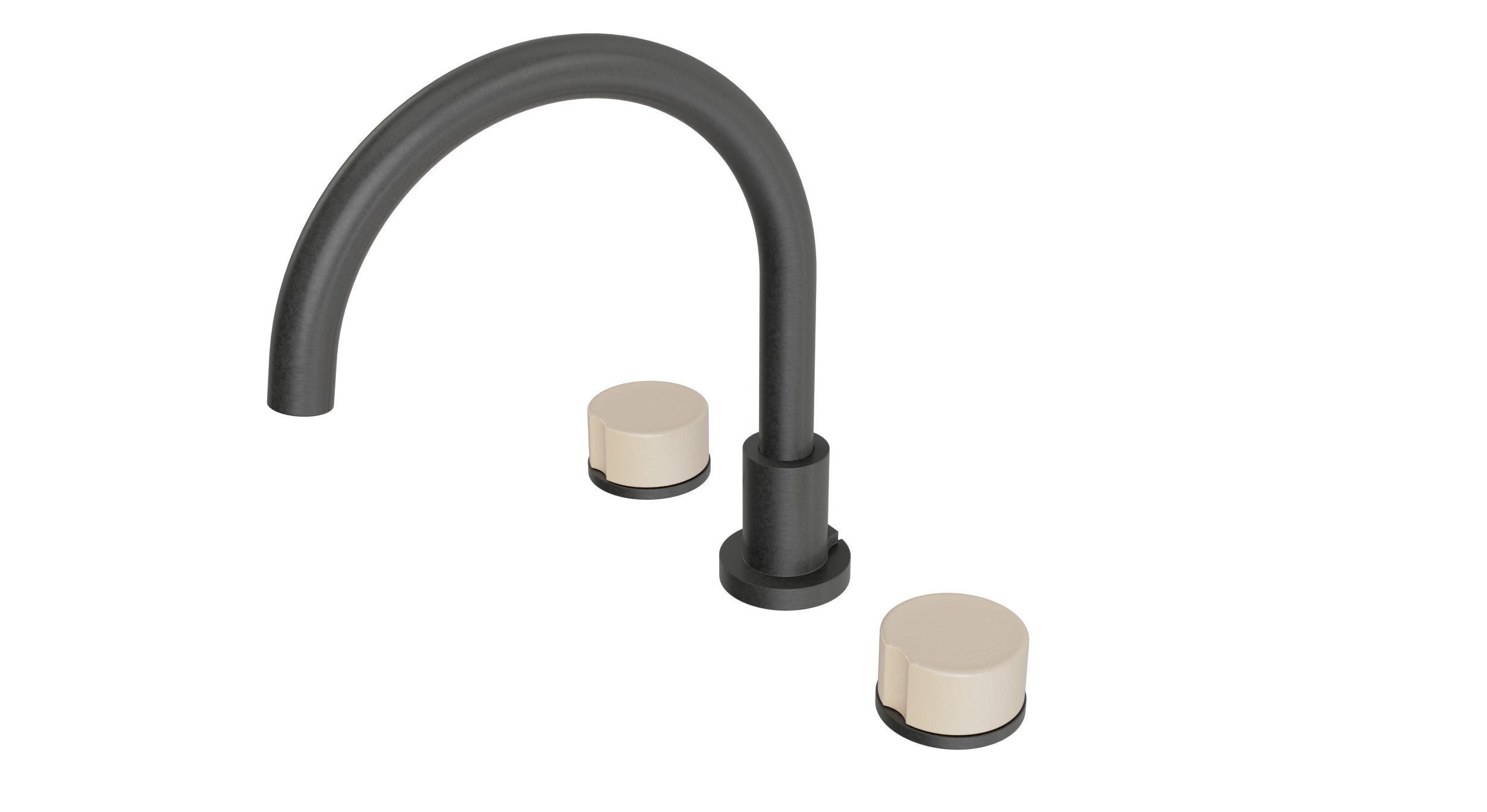 Foundry Two Handle Deck Mount Gooseneck Bath Trim with Groove Ceramic Knob Handles in Blackened Nickel