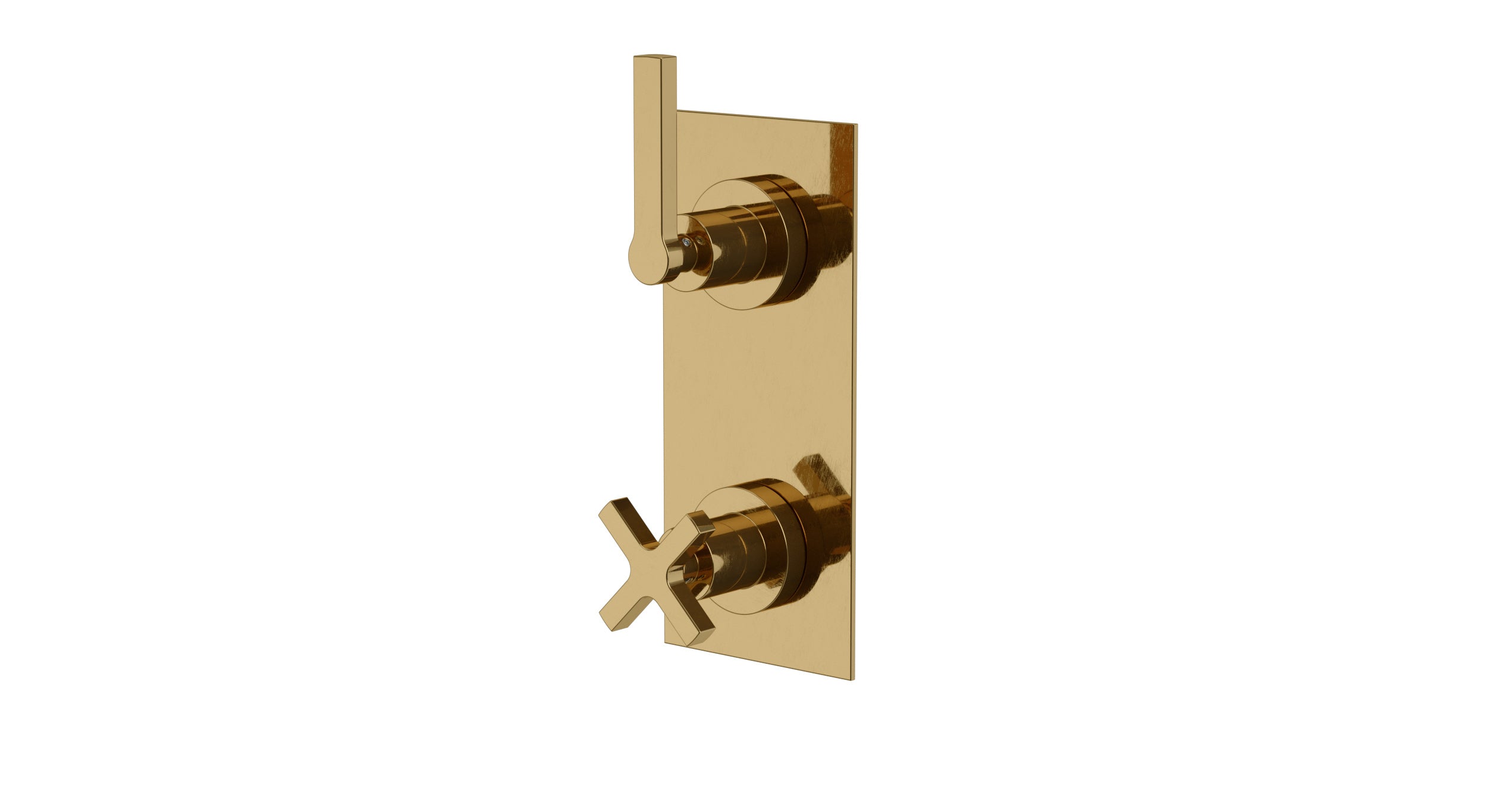 Flatiron Two Handle Wall Mount Shower Trim with Linear Cross/Linear Lever Handles in Uncoated Polished Brass