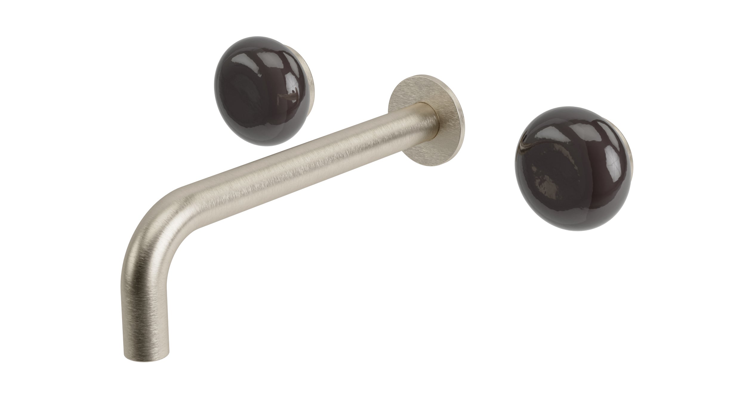 Foundry Two Handle Wall Mount 7.5" Lavatory Faucet with Pebble Ceramic Knob Handles in Satin Nickel