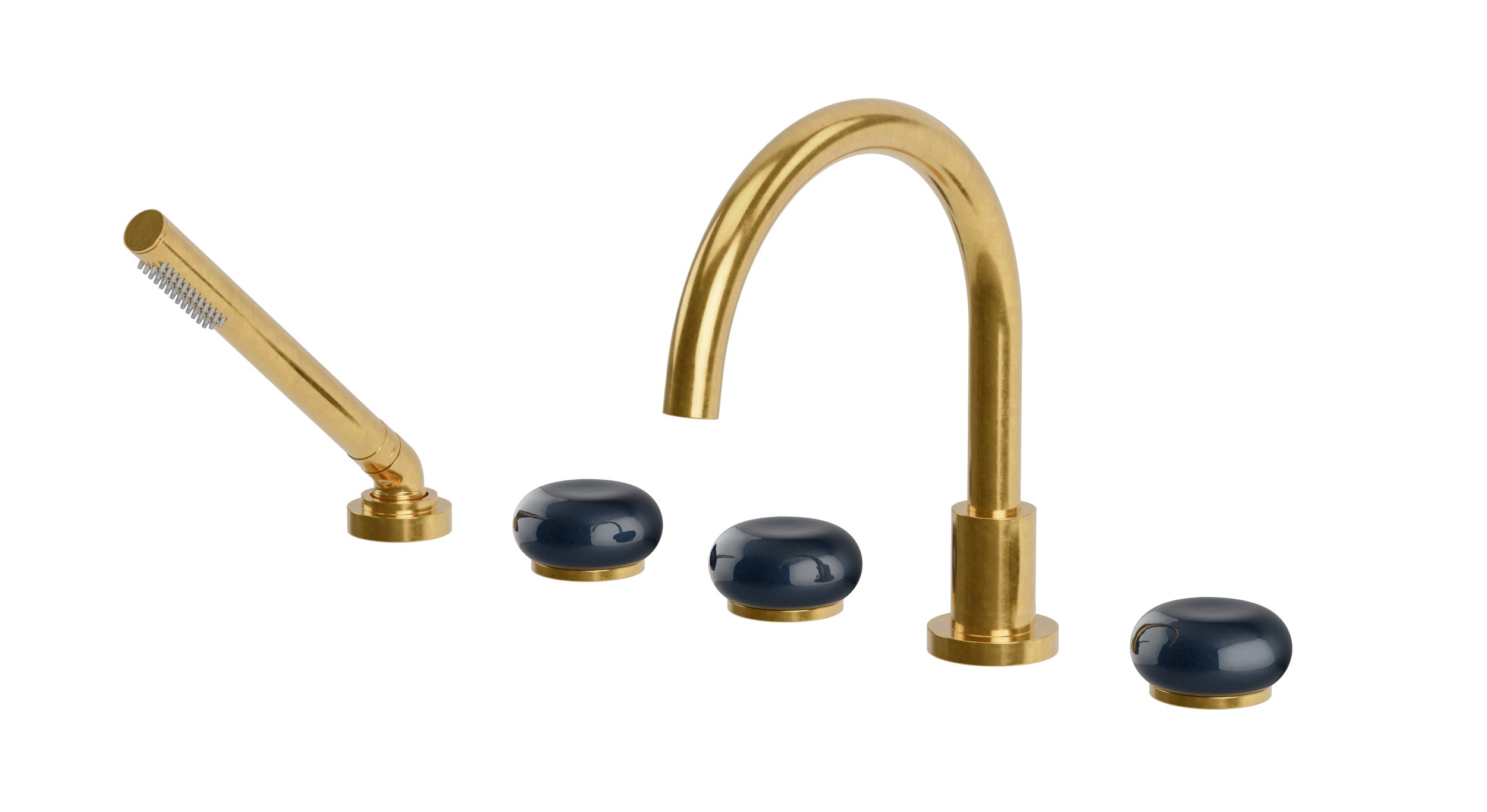 Foundry Three Handle Deck Mount Gooseneck Bath Trim with Hand Shower and Pebble Ceramic Knob Handles in French Brass