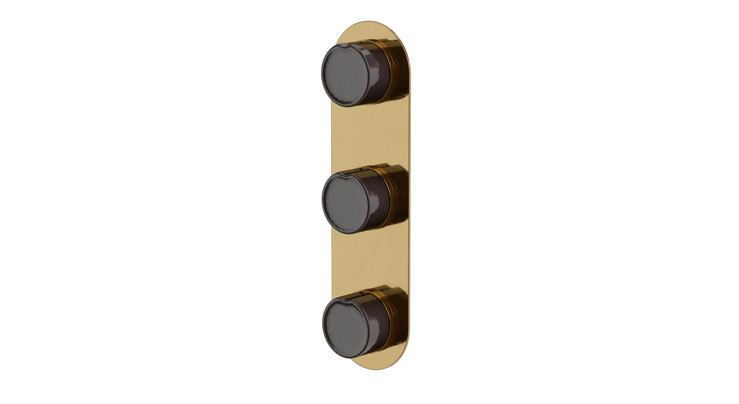Foundry Three Handle Wall Mount Shower Trim with Groove Ceramic Knob Handles in Uncoated Polished Brass