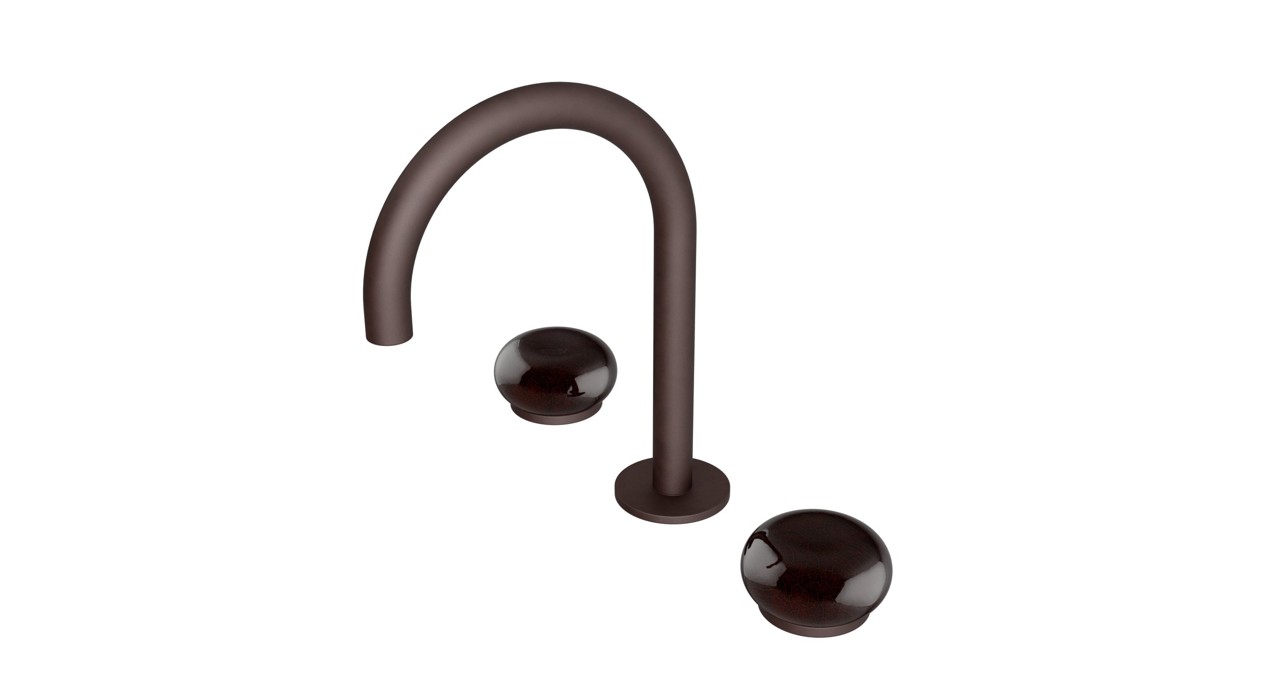 Foundry Two Handle Deck Mount Gooseneck Lavatory Faucet with Pebble Ceramic Knob Handles in Architectural Copper