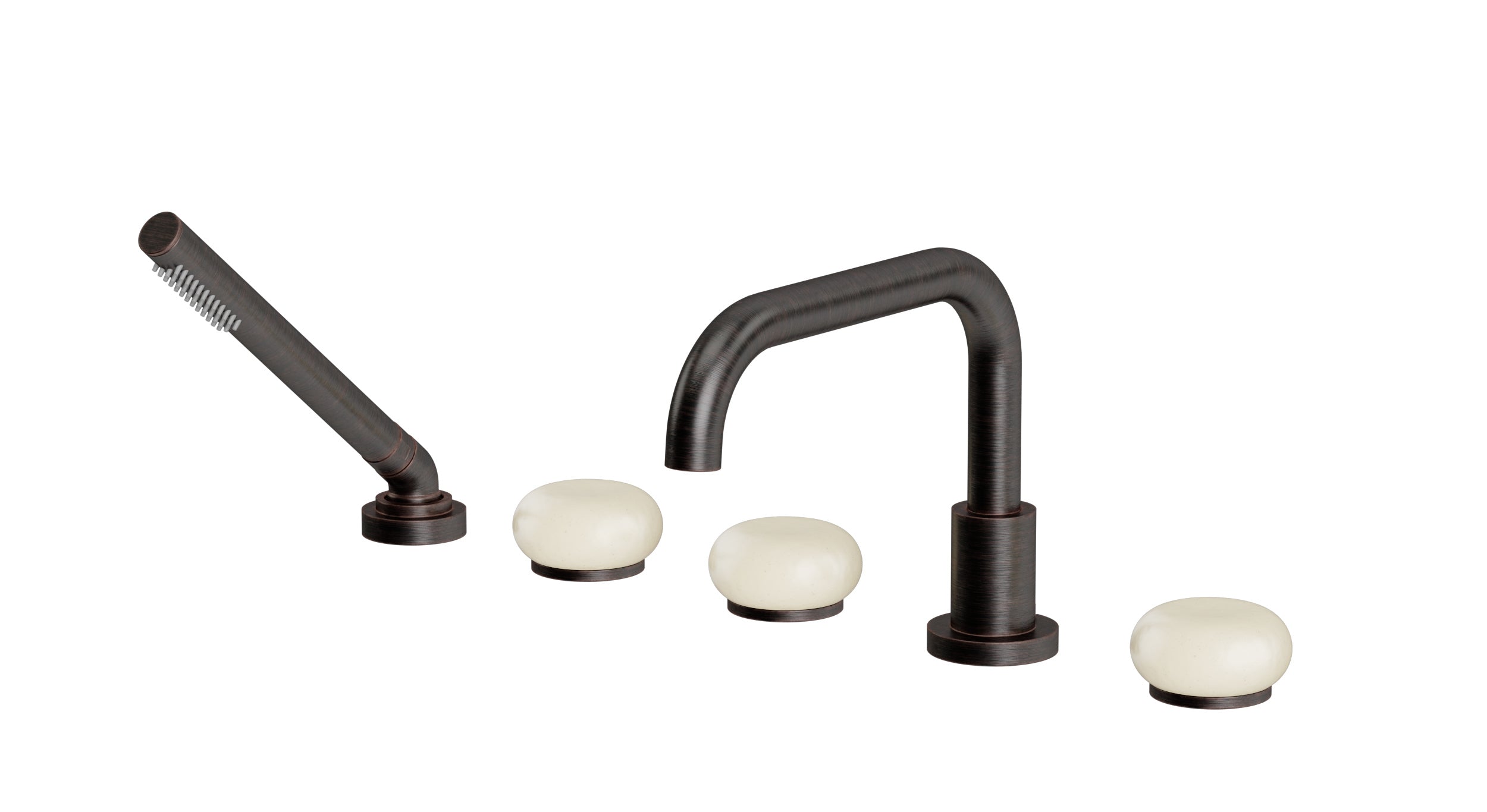 Foundry Three Handle Deck Mount Squaretop Bath Trim with Hand Shower and Pebble Ceramic Knob Handles in Antique Bronze