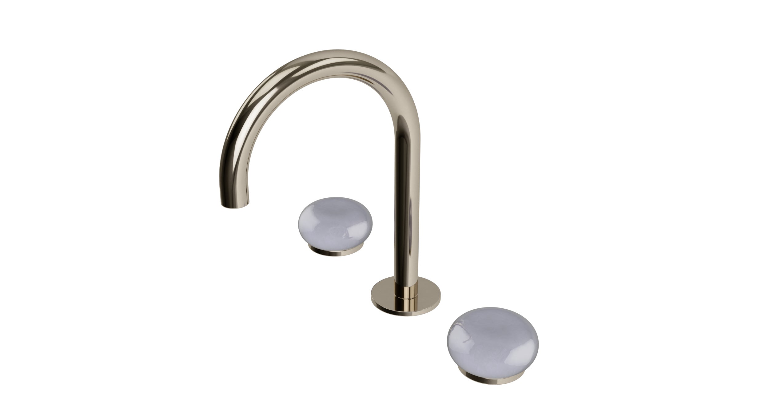 Foundry Two Handle Deck Mount Gooseneck Lavatory Faucet with Pebble Ceramic Knob Handles in Polished Nickel