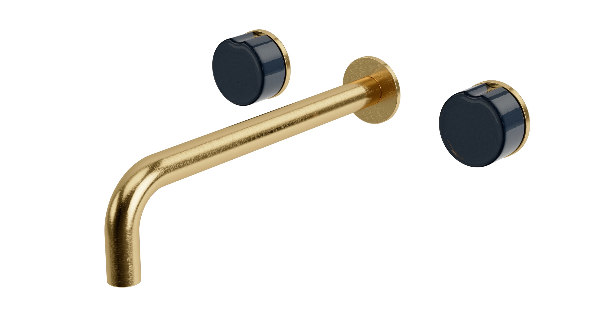 Foundry Two Handle Wall Mount 10" Lavatory Faucet with Groove Ceramic Knob Handles in Satin Brass