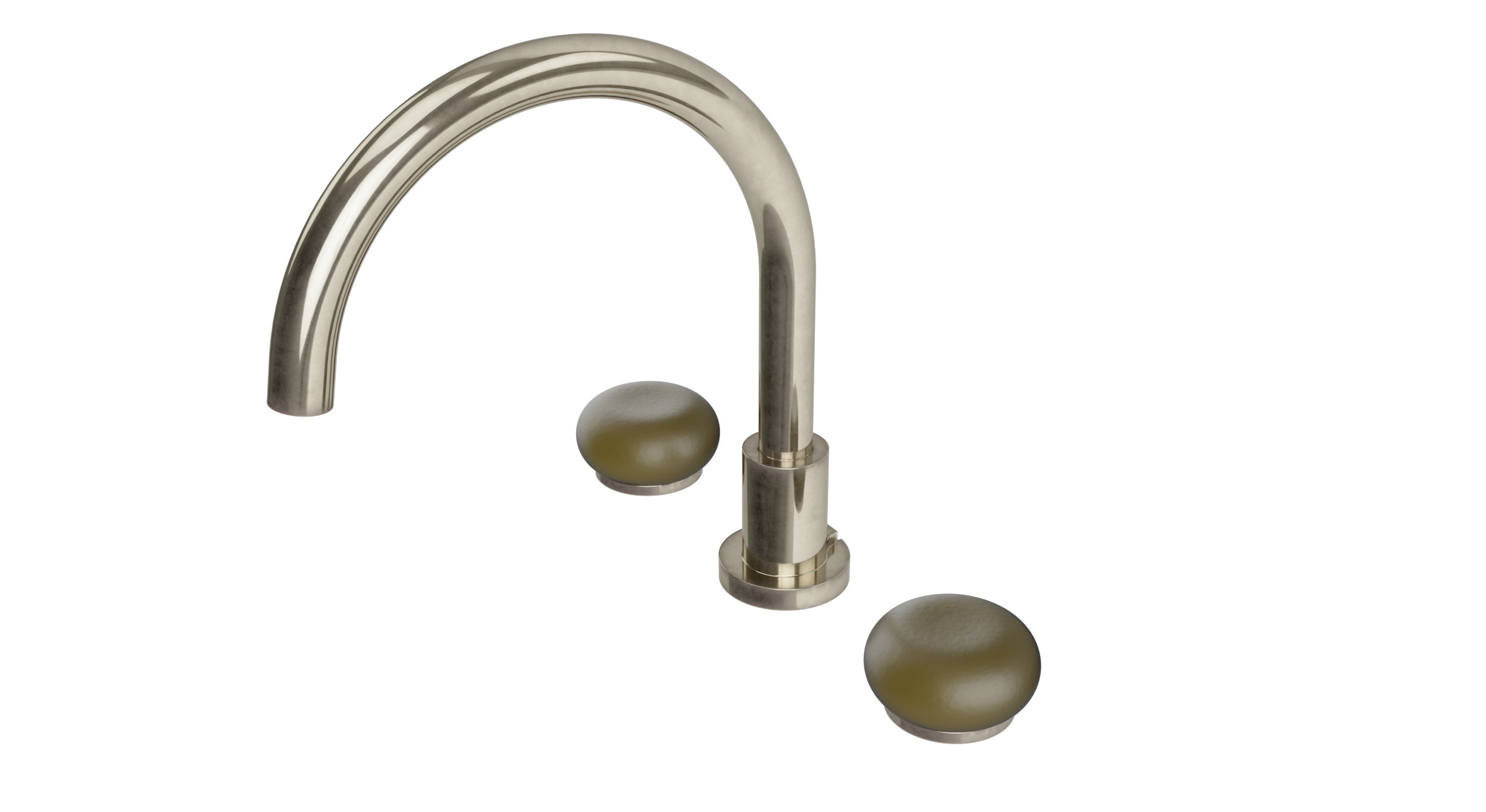 Foundry Two Handle Deck Mount Gooseneck Bath Trim with Pebble Ceramic Knob Handles in French Nickel
