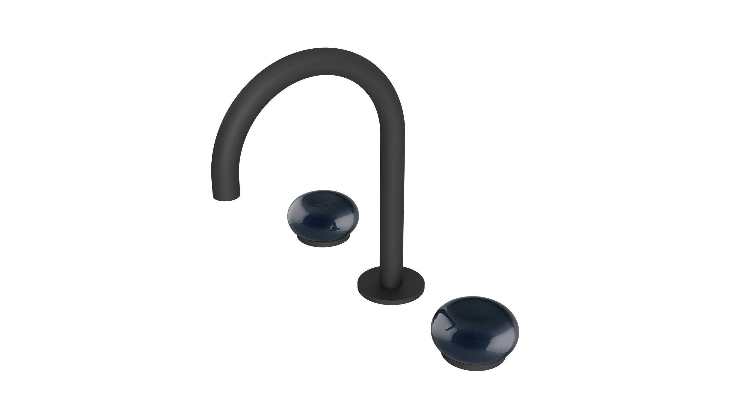 Foundry Two Handle Deck Mount Gooseneck Lavatory Faucet with Pebble Ceramic Knob Handles in Matte Black