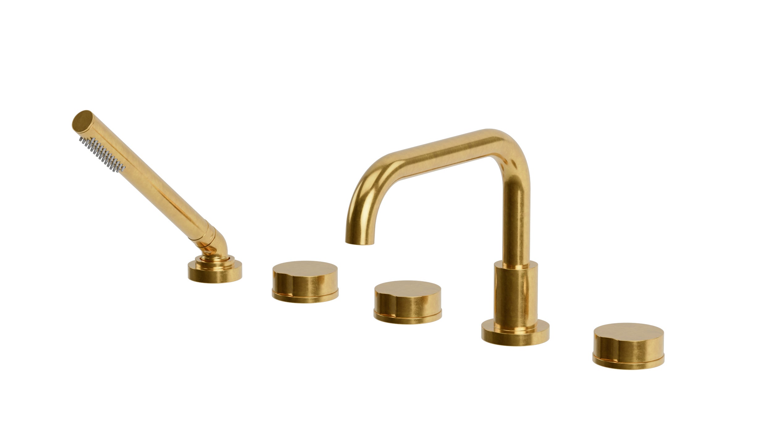 Foundry Three Handle Deck Mount Squaretop Bath Trim with Hand Shower and Circle Knob Handles in French Brass