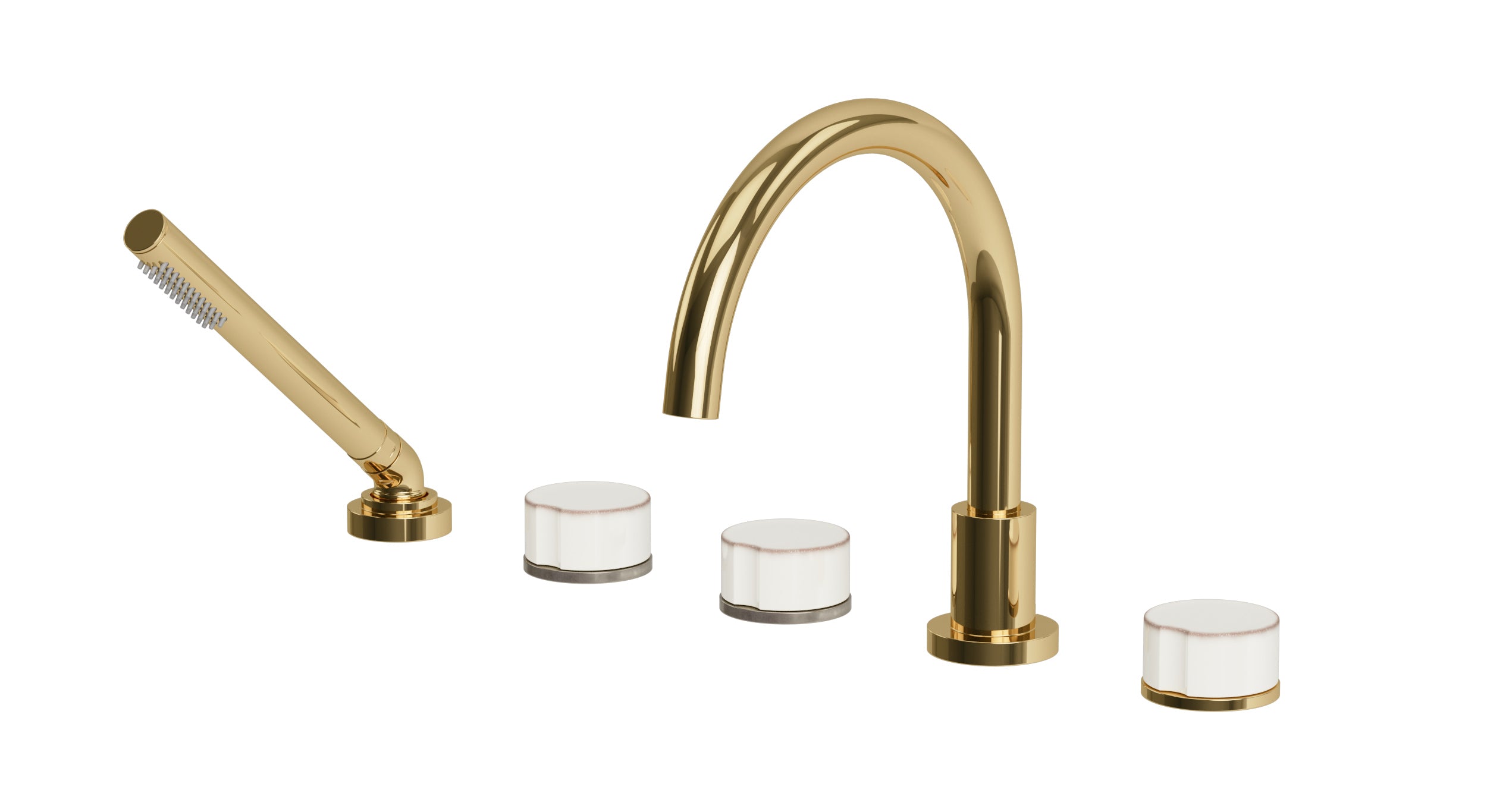 Foundry Three Handle Deck Mount Gooseneck Bath Trim with Hand Shower and Groove Ceramic Knob Handles in Polished Brass