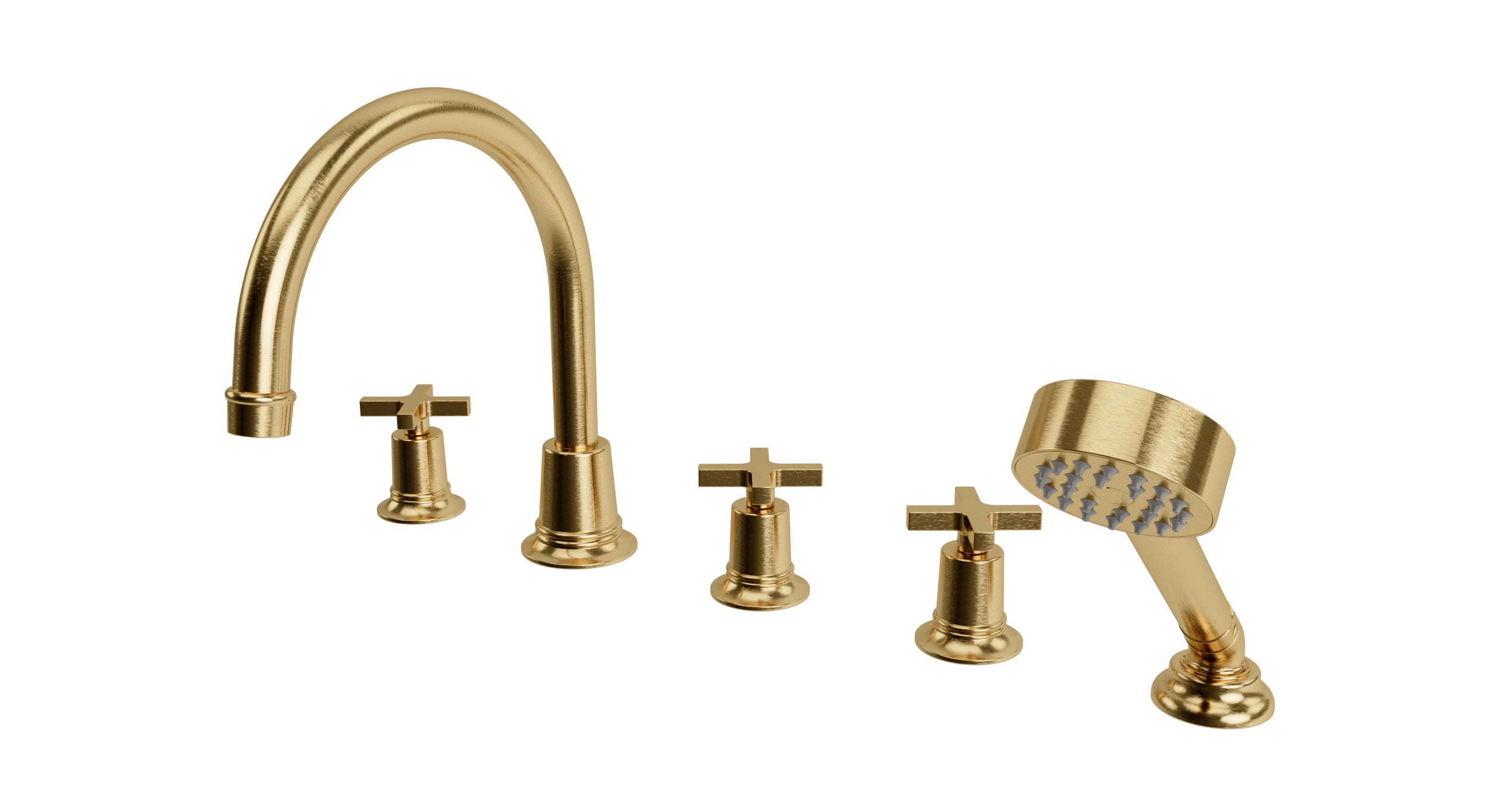 Emerson Three Handle Deck Mount Gooseneck Bath Trim with Hand Shower and Classic Cross Handles in Satin Brass