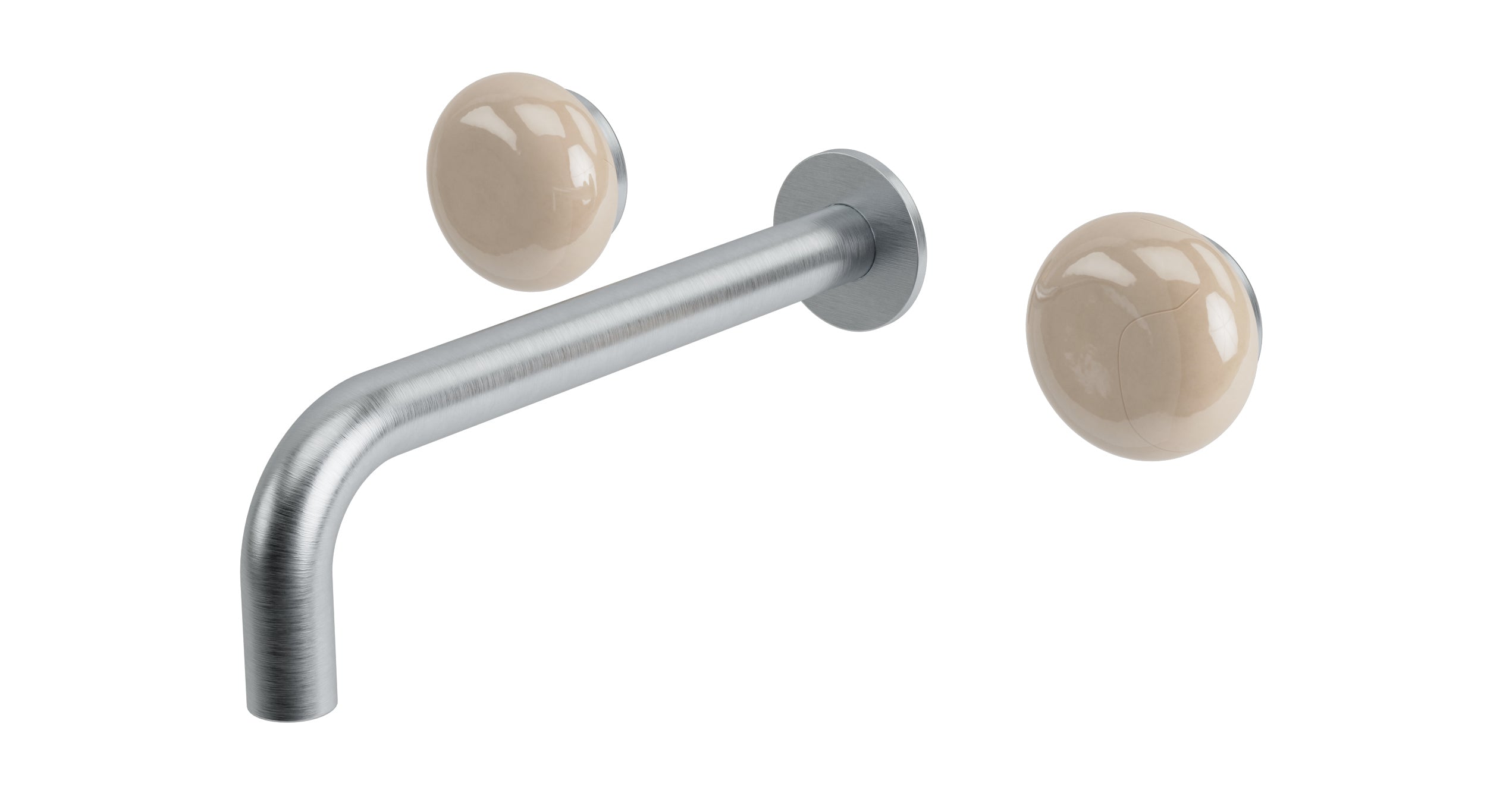 Foundry Two Handle Wall Mount 7.5" Lavatory Faucet with Pebble Ceramic Knob Handles in Satin Chrome