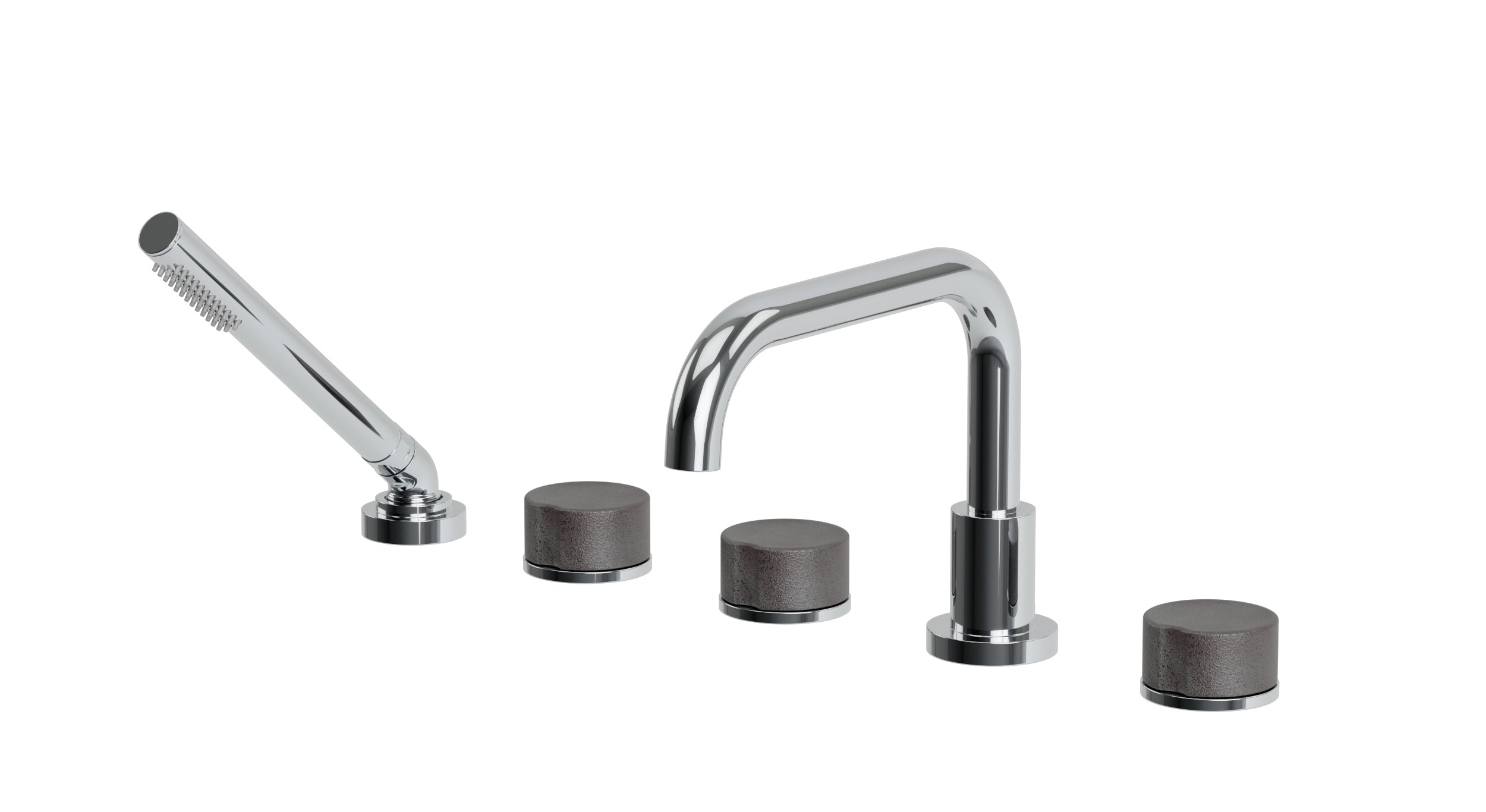 Foundry Three Handle Deck Mount Squaretop Bath Trim with Hand Shower and Groove Ceramic Knob Handles in Polished Chrome