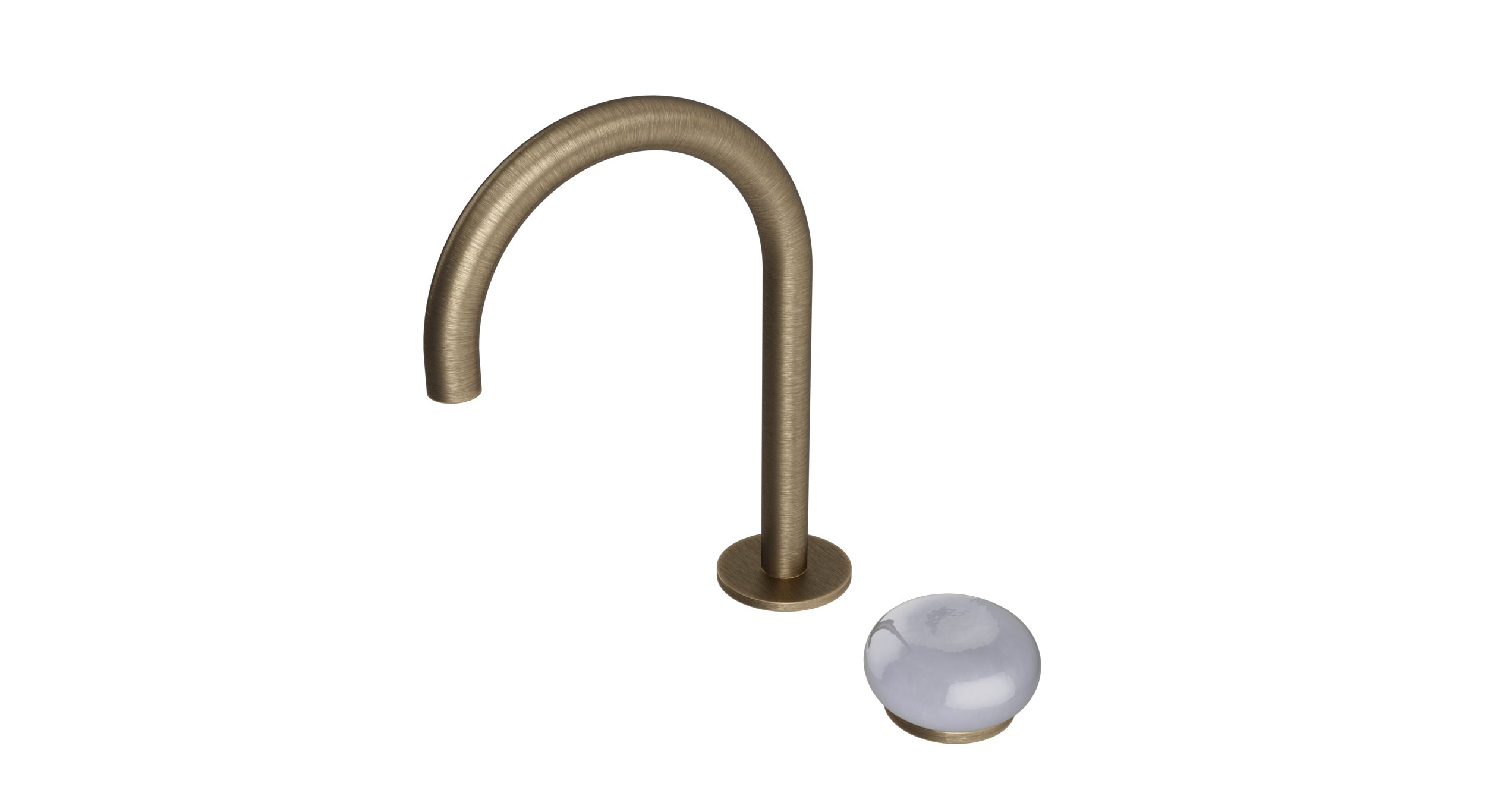 Foundry One Handle Deck Mount Gooseneck Lavatory Faucet with Pebble Ceramic Knob Handle in Antique Brass