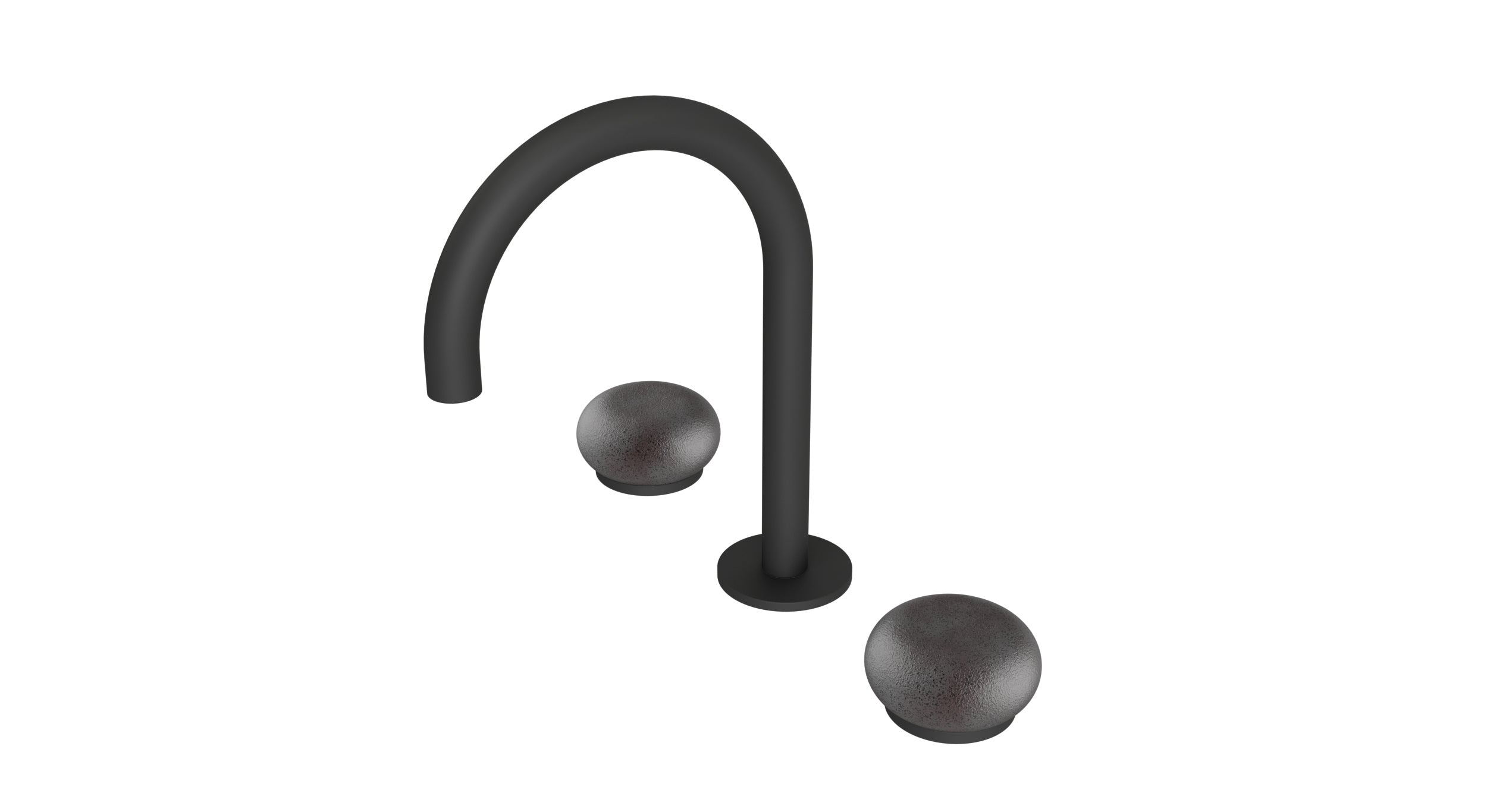 Foundry Two Handle Deck Mount Gooseneck Lavatory Faucet with Pebble Ceramic Knob Handles in Matte Black