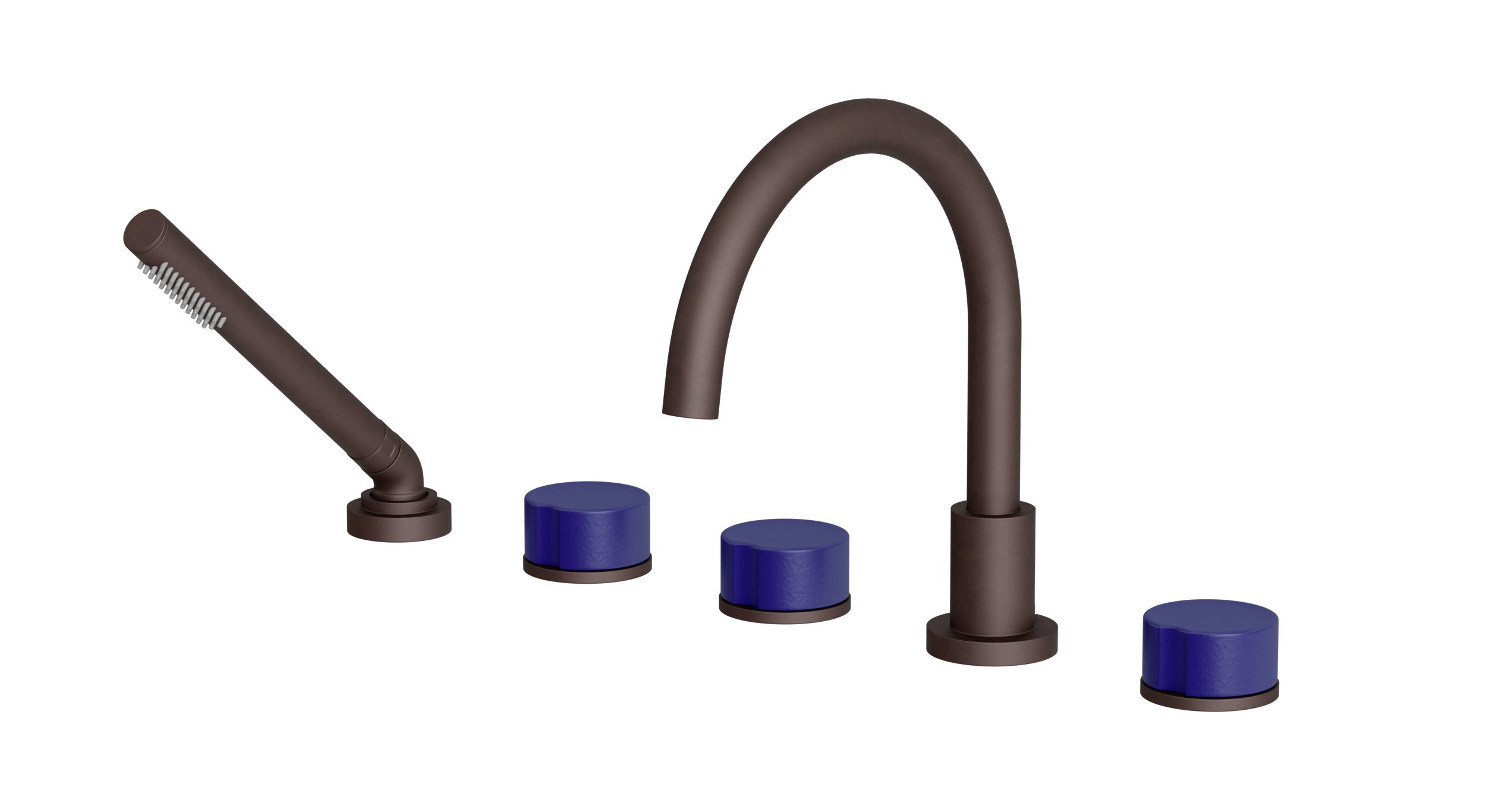 Foundry Three Handle Deck Mount Gooseneck Bath Trim with Hand Shower and Groove Ceramic Knob Handles in Architectural Copper