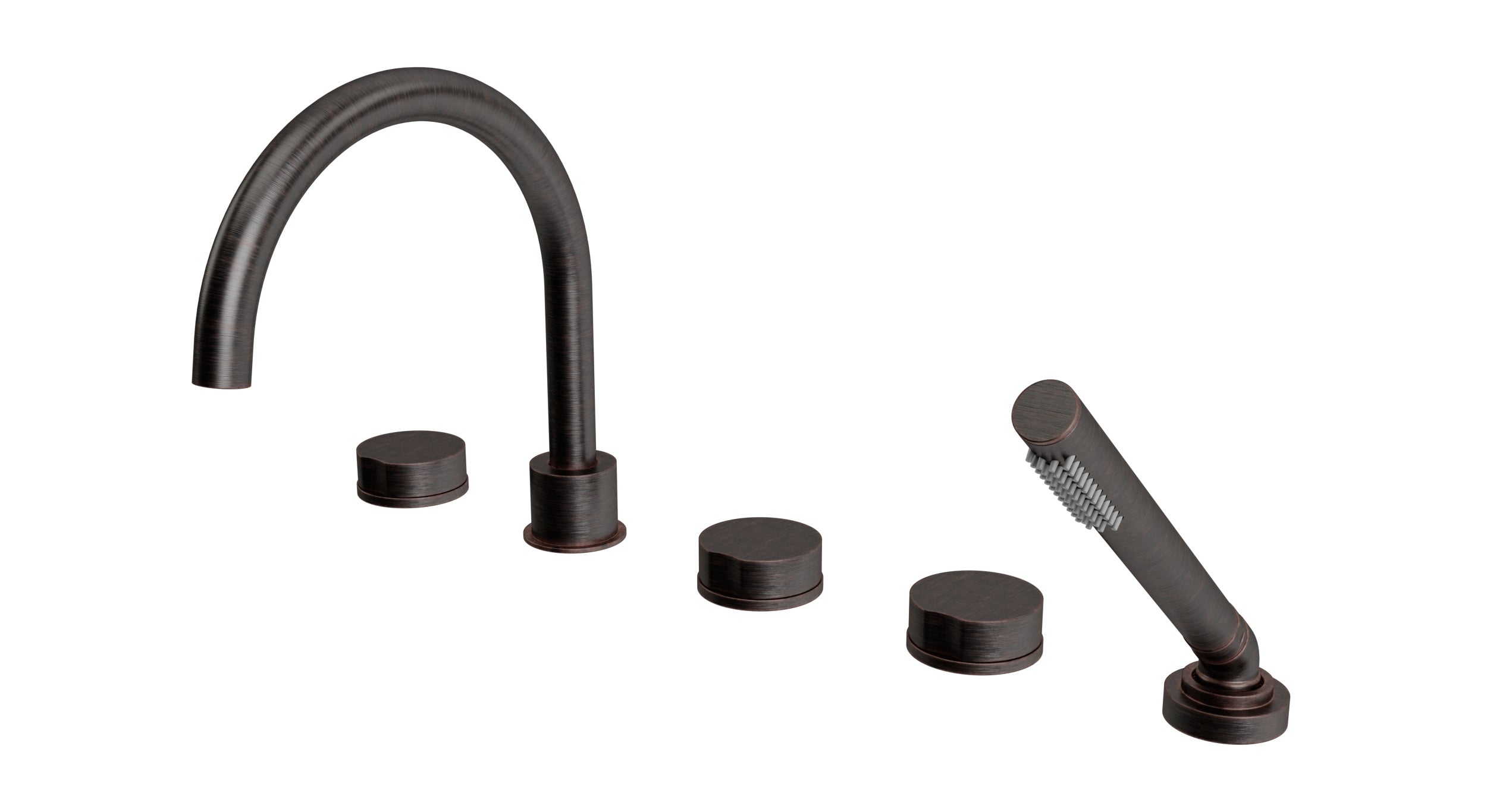 Foundry Three Handle Deck Mount Gooseneck Bath Trim with Hand Shower and Circle Knob Handles in Antique Bronze