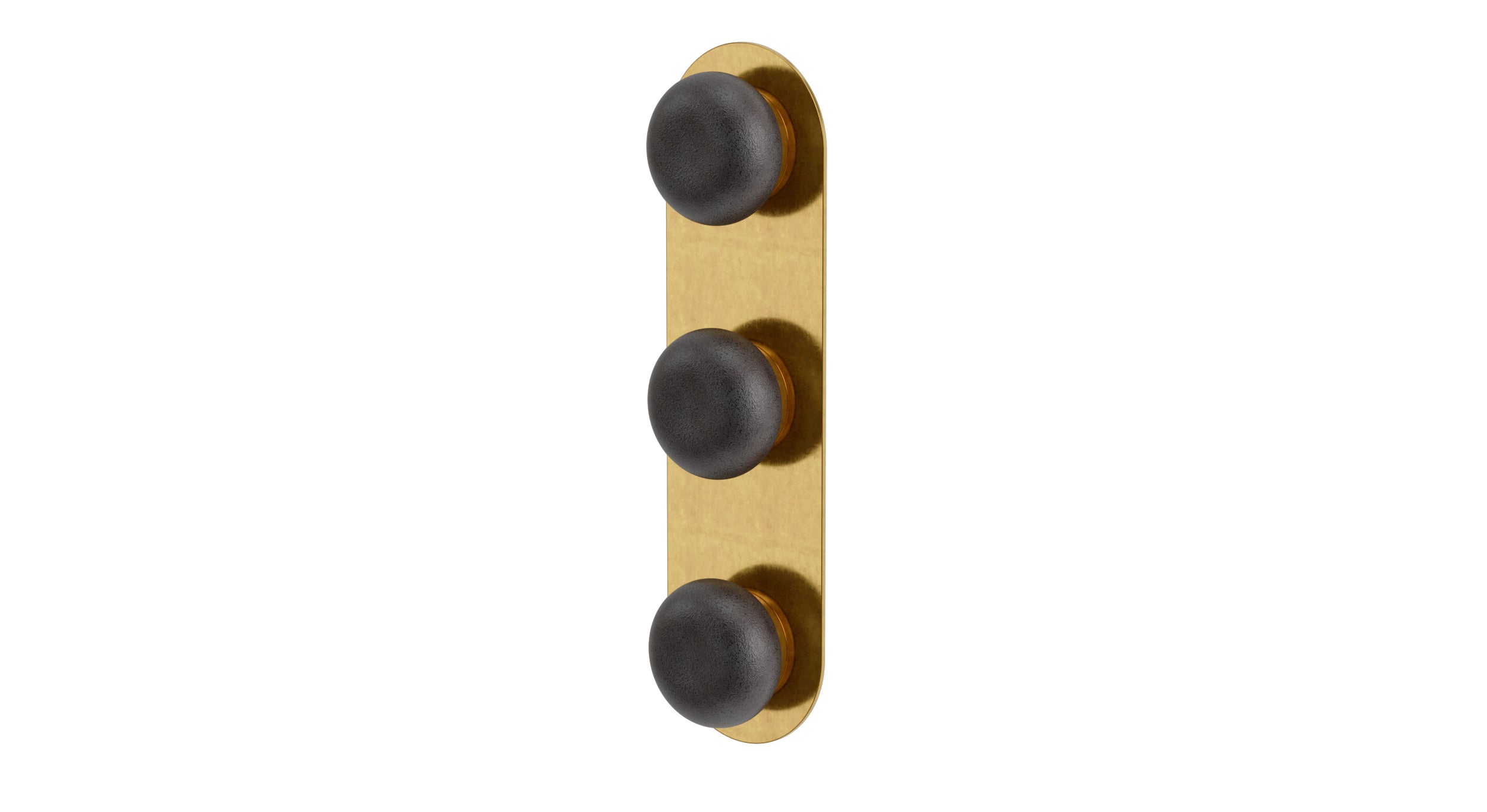 Foundry Three Handle Wall Mount Shower Trim with Pebble Ceramic Knob Handles in French Brass
