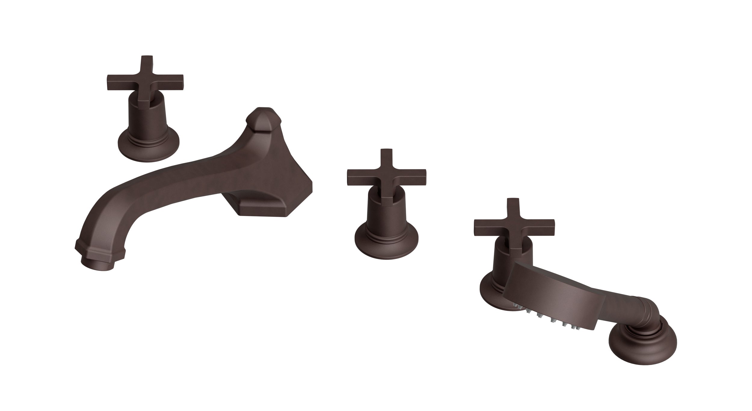 Emerson Three Handle Deck Mount Low Hexagon Bath Trim with Hand Shower and Classic Cross Handles in Architectural Copper