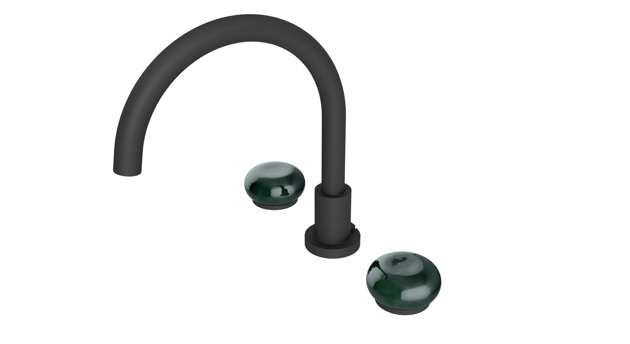 Foundry Two Handle Deck Mount Gooseneck Bath Trim with Pebble Ceramic Knob Handles in Matte Black
