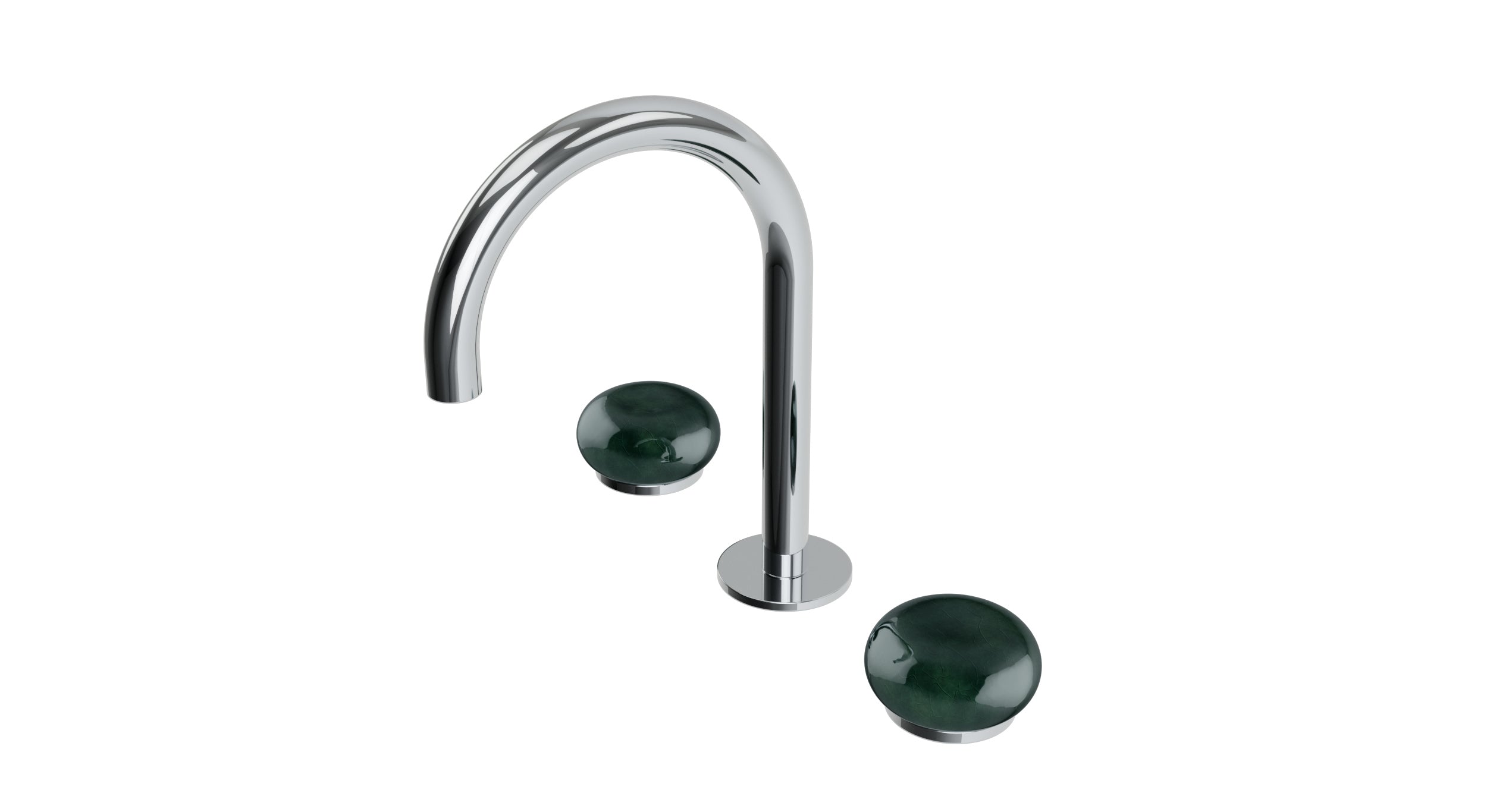 Foundry Two Handle Deck Mount Gooseneck Lavatory Faucet with Pebble Ceramic Knob Handles in Polished Chrome