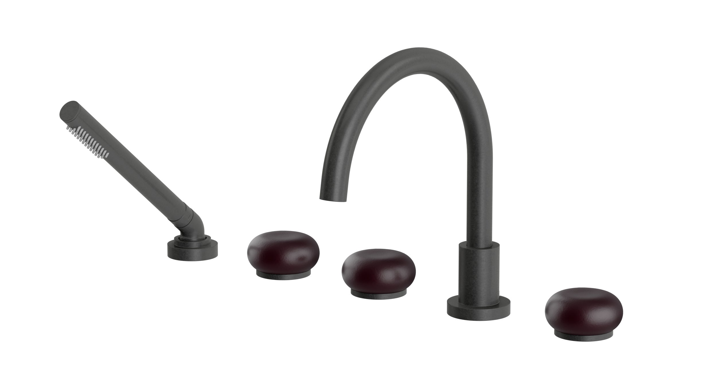 Foundry Three Handle Deck Mount Gooseneck Bath Trim with Hand Shower and Pebble Ceramic Knob Handles in Blackened Nickel